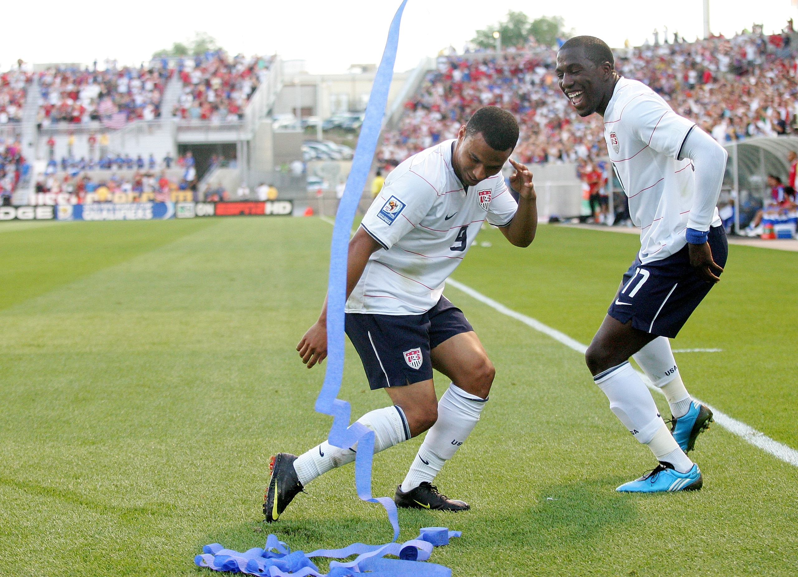 SANDY, UT - SEPTEMBER 05: Jozy Altidore #17 and Charlie Davies #9 of the United States celebrate Altidore's goal in the first half during the FIFA 2010 World Cup Qualifier match between the United States and El Salvador at Rio Tinto Stadium on September SANDY, UT - SEPTEMBER 05: Jozy Altidore #17 and Charlie Davies #9 of the United States celebrate Altidore's goal in the first half during the FIFA 2010 World Cup Qualifier match between the United States and El Salvador at Rio Tinto Stadium on September