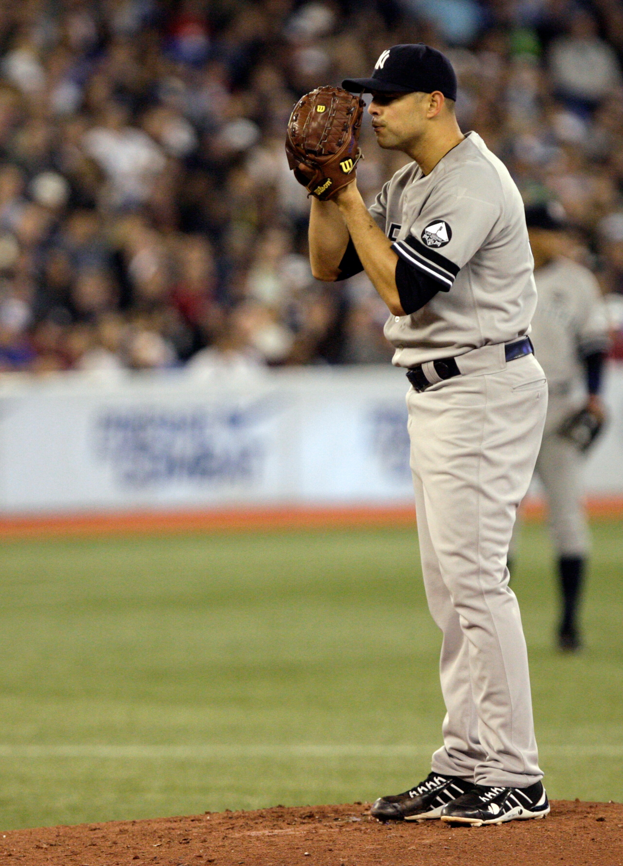 TORONTO, ON - SEPTEMBER 29: Javier Vasquez #31 of the New York Yankees sets up during a MLB game against the Toronto Blue Jays at the Rogers Centre September 29, 2010 in Toronto, Ontario, Canada. (Photo by Abelimages/Getty Images)