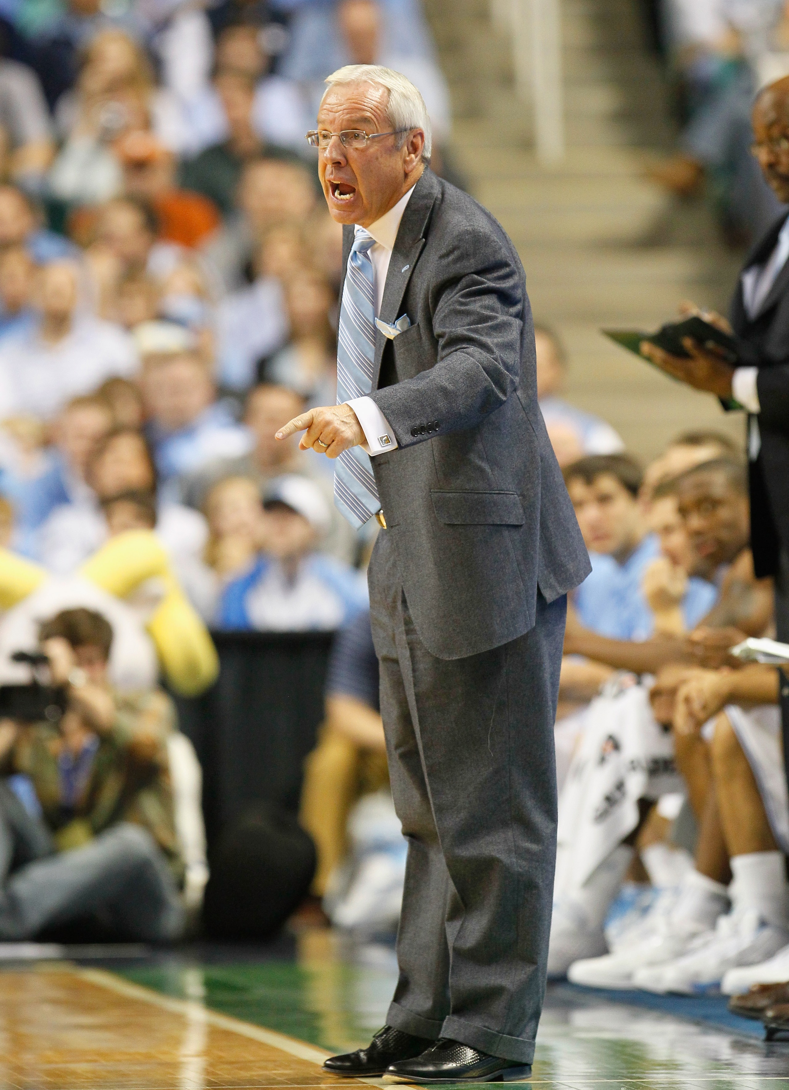 GREENSBORO, NC - DECEMBER 18: Head coach Roy Williams of the North Carolina Tar Heels yells to an official during the game against the Texas Longhorns at Greensboro Coliseum on December 18, 2010 in Greensboro, North Carolina. (Photo by Kevin C. Cox/Gett GREENSBORO, NC - DECEMBER 18: Head coach Roy Williams of the North Carolina Tar Heels yells to an official during the game against the Texas Longhorns at Greensboro Coliseum on December 18, 2010 in Greensboro, North Carolina. (Photo by Kevin C. Cox/Gett