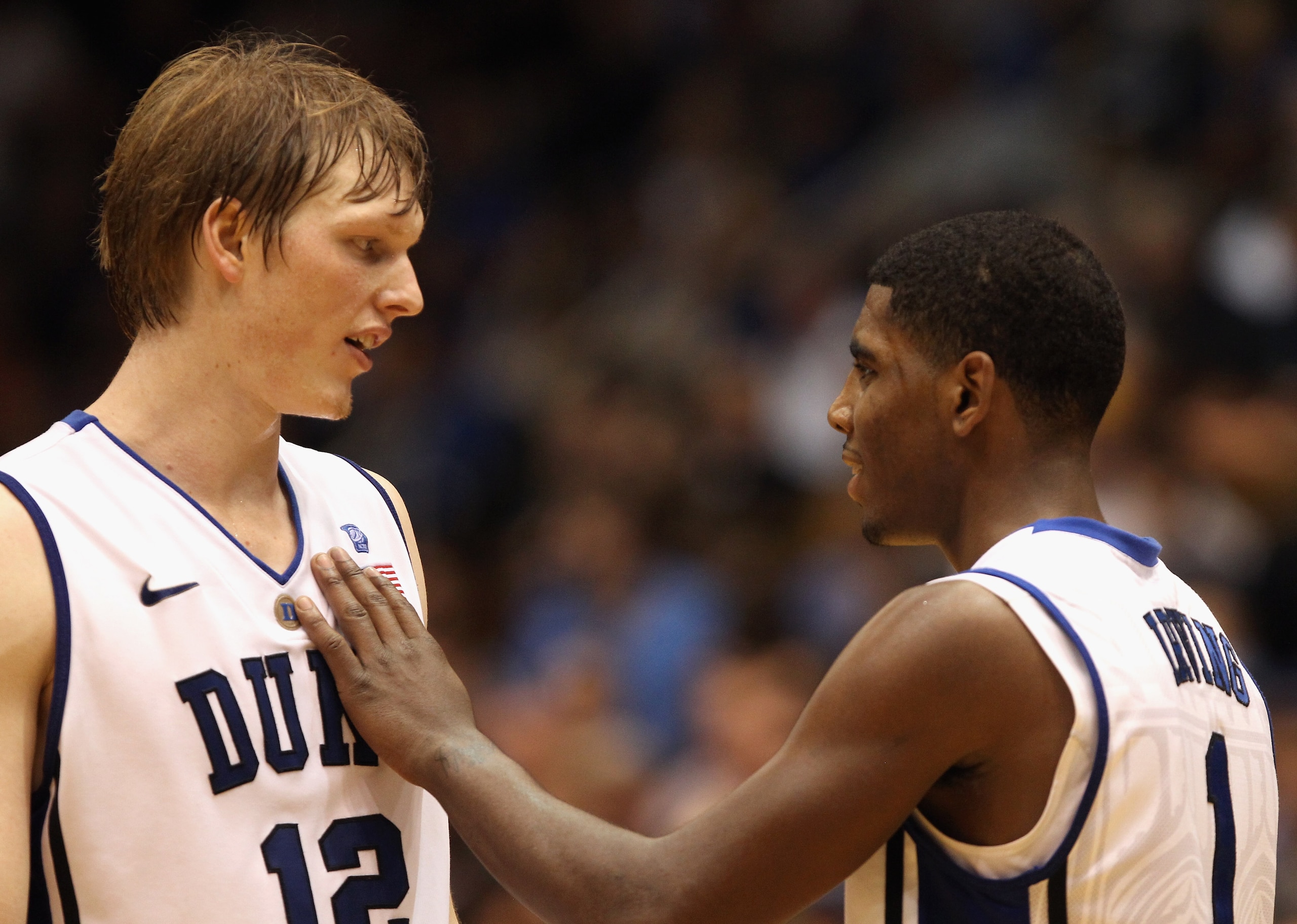 DURHAM, NC - DECEMBER 01: Kyrie Irving #1 of the Duke Blue Devils and teammate Kyle Singler #12 during their game against the Michigan State Spartans at Cameron Indoor Stadium on December 1, 2010 in Durham, North Carolina. (Photo by Streeter Lecka/Getty DURHAM, NC - DECEMBER 01: Kyrie Irving #1 of the Duke Blue Devils and teammate Kyle Singler #12 during their game against the Michigan State Spartans at Cameron Indoor Stadium on December 1, 2010 in Durham, North Carolina. (Photo by Streeter Lecka/Getty