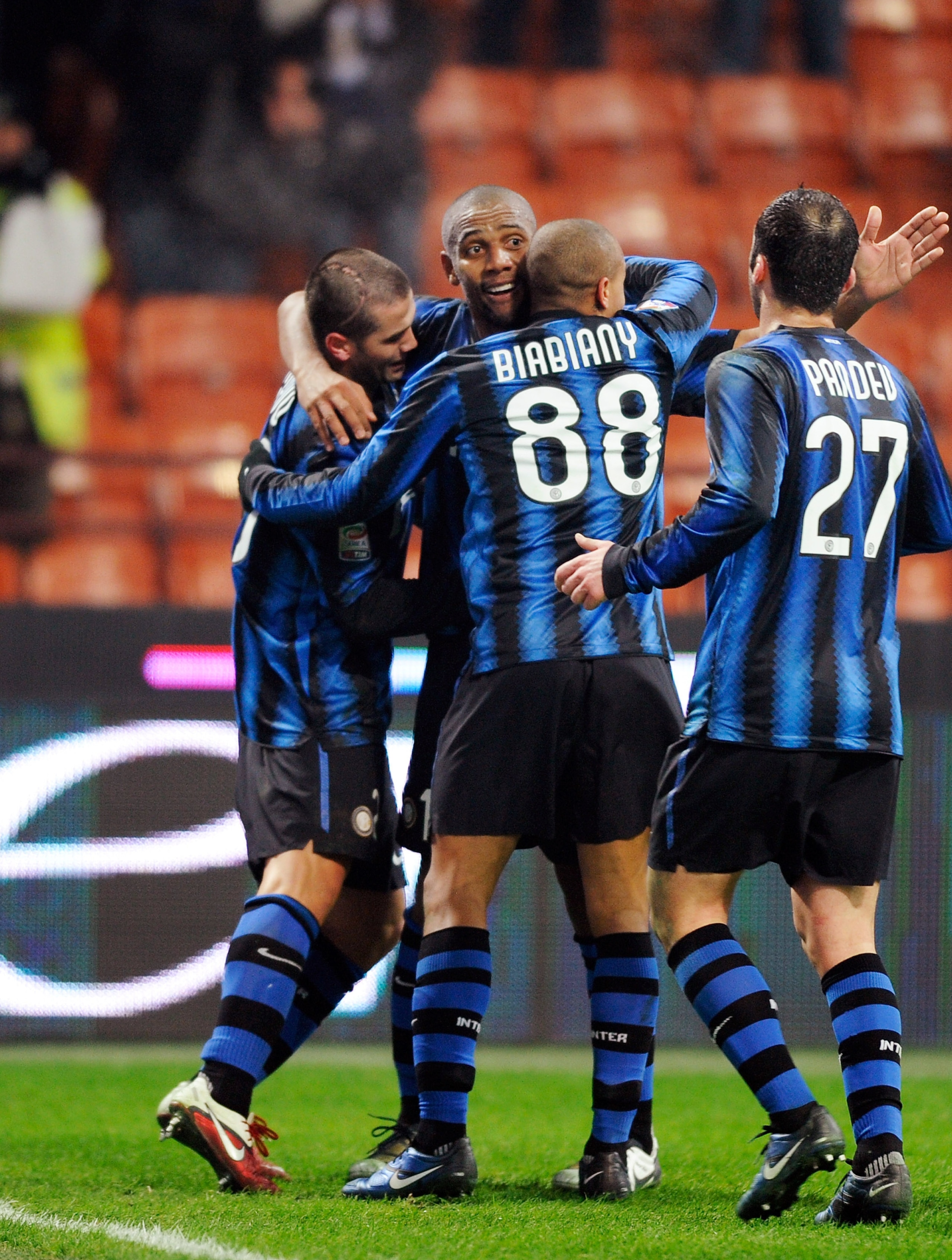 MILAN, ITALY - JANUARY 19:  Cristian Chivu (L) of Inter Milan celebrates scoring the third goal during the Serie A match between Inter and Cesena at Stadio Giuseppe Meazza on January 19, 2011 in Milan, Italy.  (Photo by Claudio Villa/Getty Images)
