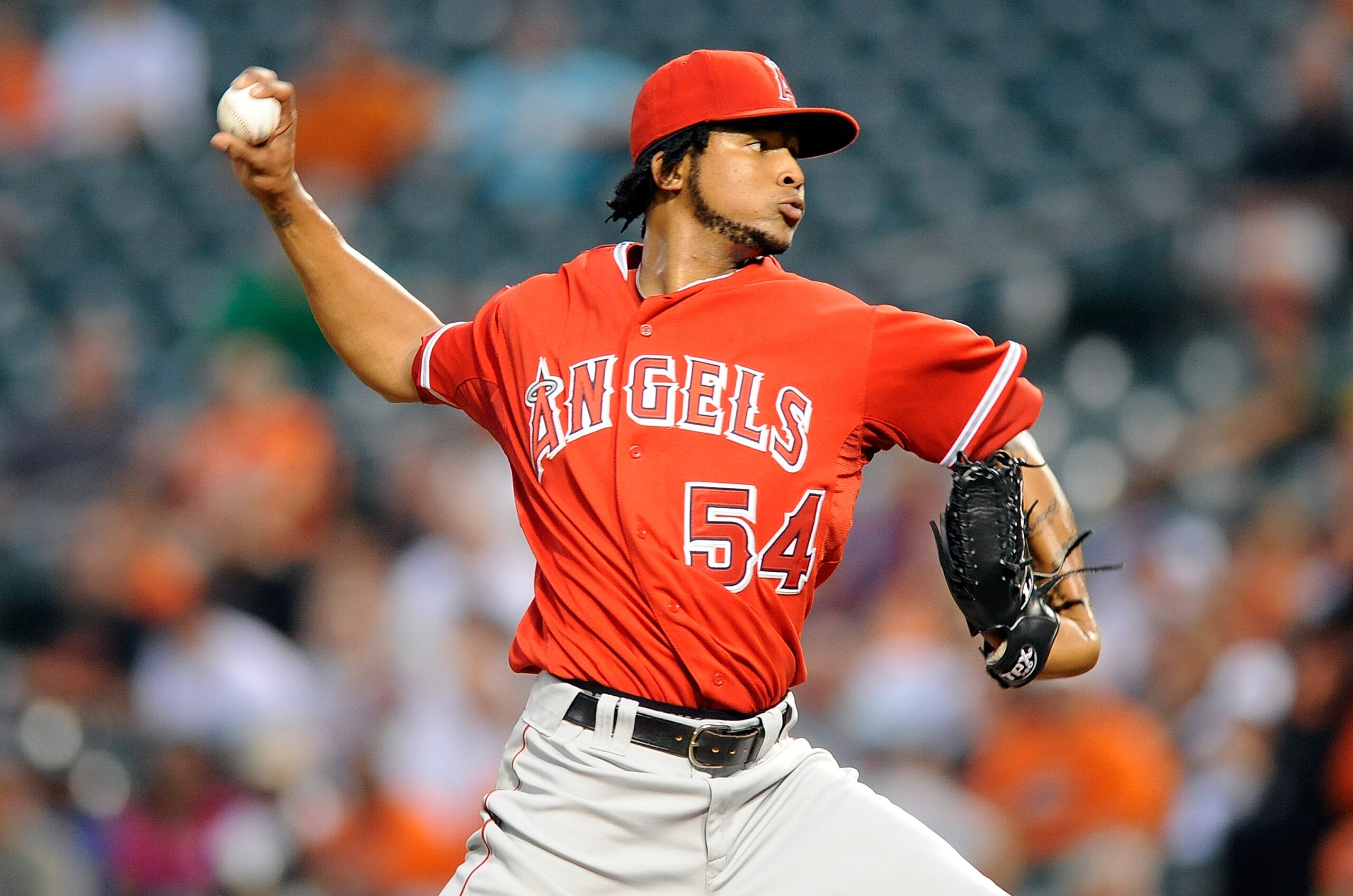 BALTIMORE - AUGUST 04:  Ervin Santana #54 of the Los Angeles Angels of Anaheim pitches against the Baltimore Orioles at Camden Yards on August 4, 2010 in Baltimore, Maryland.  (Photo by Greg Fiume/Getty Images)