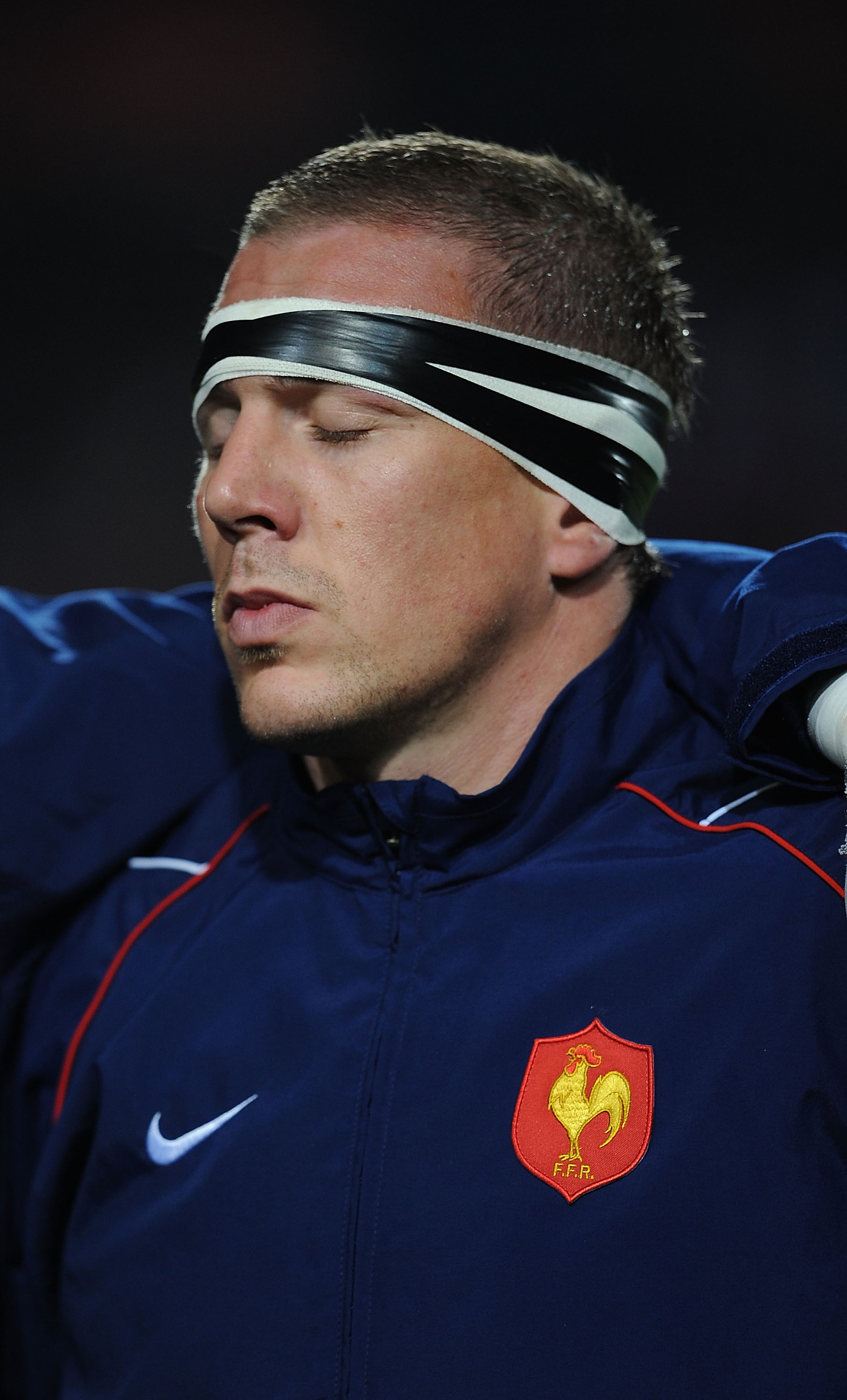 MONTPELLIER, FRANCE - NOVEMBER 20:  Imanol Harinordoquy of France during their national anthem during the International Friendly match between France and Argentina at the Stade de la Mosson on November 20, 2010 in Montpellier, France.  (Photo by Christoph