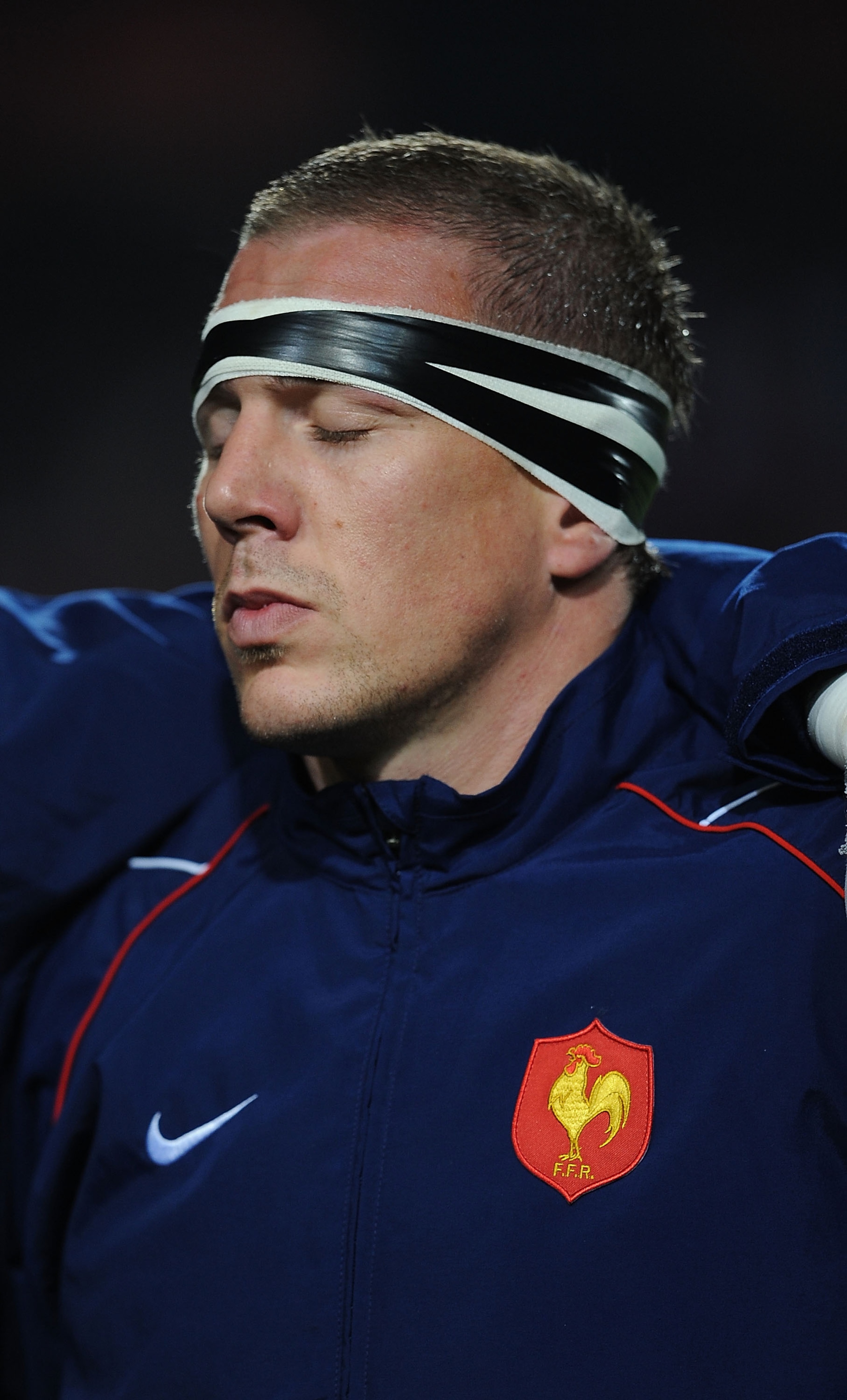 MONTPELLIER, FRANCE - NOVEMBER 20:  Imanol Harinordoquy of France during their national anthem during the International Friendly match between France and Argentina at the Stade de la Mosson on November 20, 2010 in Montpellier, France.  (Photo by Christoph