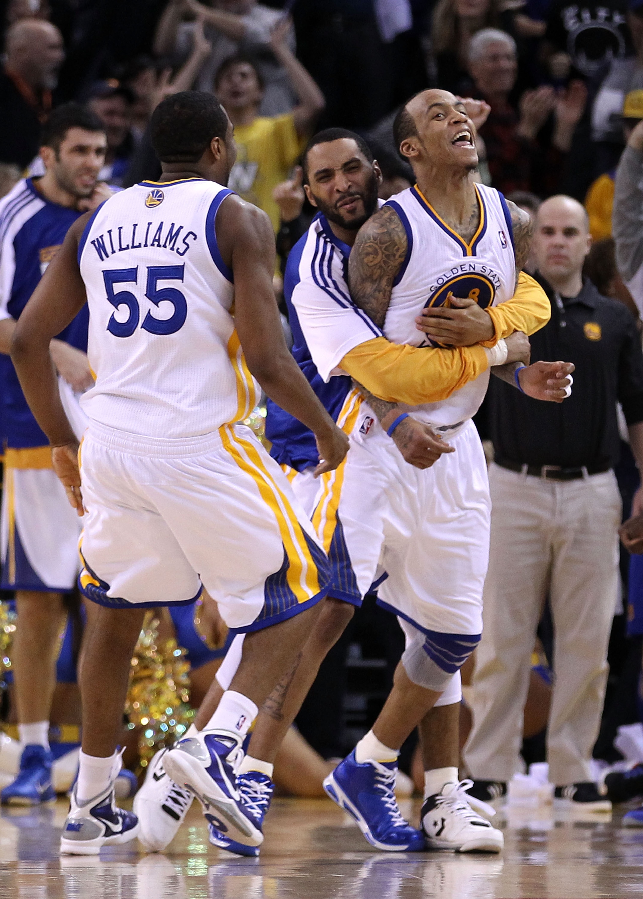 OAKLAND, CA - JANUARY 19: Monta Ellis #8 of the Golden State Warriors is congratulated by teammates after he made the winning shot with 0.6 seconds left in their game againsts the Indiana Pacers at Oracle Arena on January 19, 2011 in Oakland, California. OAKLAND, CA - JANUARY 19: Monta Ellis #8 of the Golden State Warriors is congratulated by teammates after he made the winning shot with 0.6 seconds left in their game againsts the Indiana Pacers at Oracle Arena on January 19, 2011 in Oakland, California.