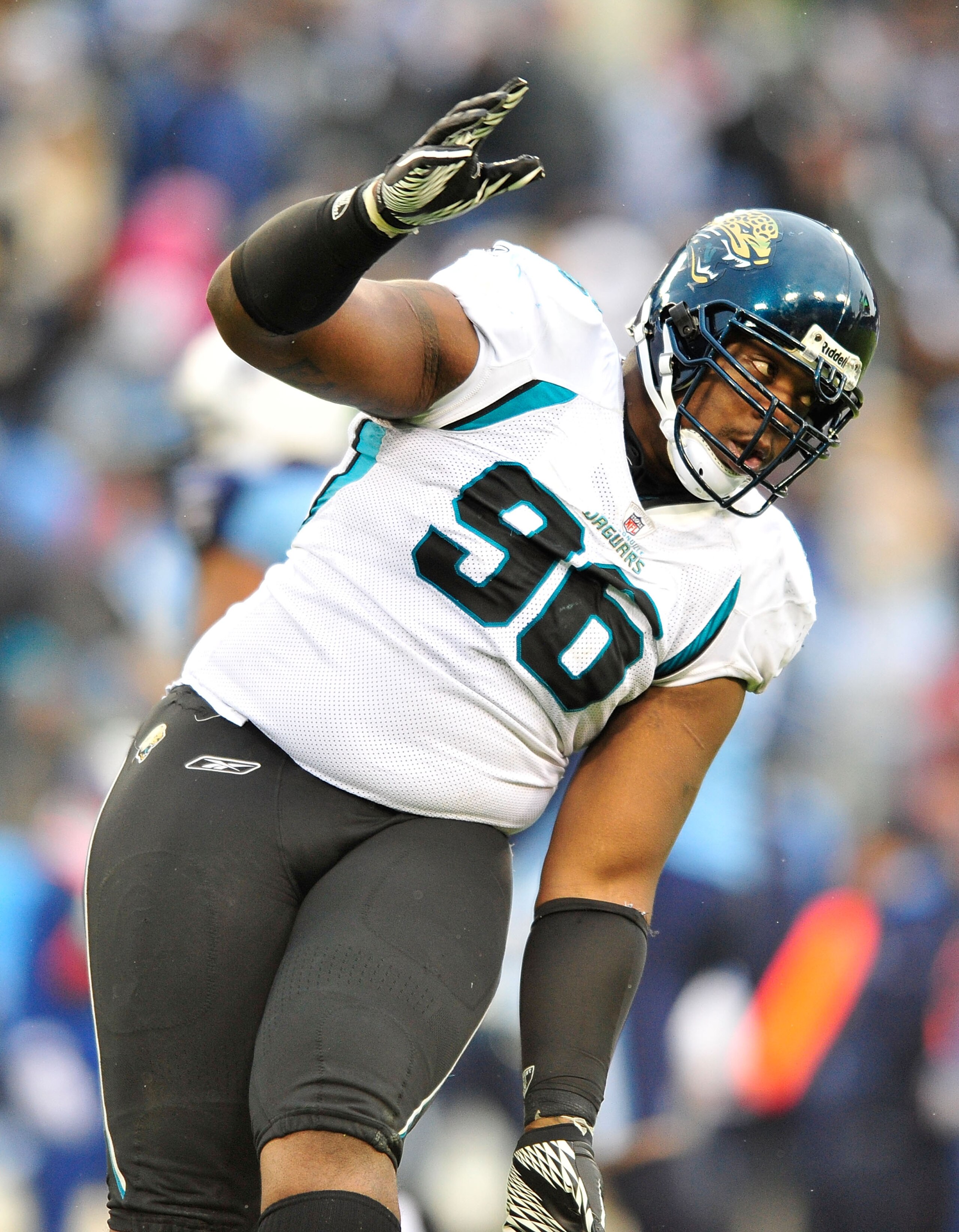 NASHVILLE, TN - DECEMBER 05:  Terrance Knighton #96 of the Jacksonville Jaguars dances back to the sideline after a turnover by the Tennessee Titans  during the first half at LP Field on December 5, 2010 in Nashville, Tennessee.  (Photo by Grant Halverson
