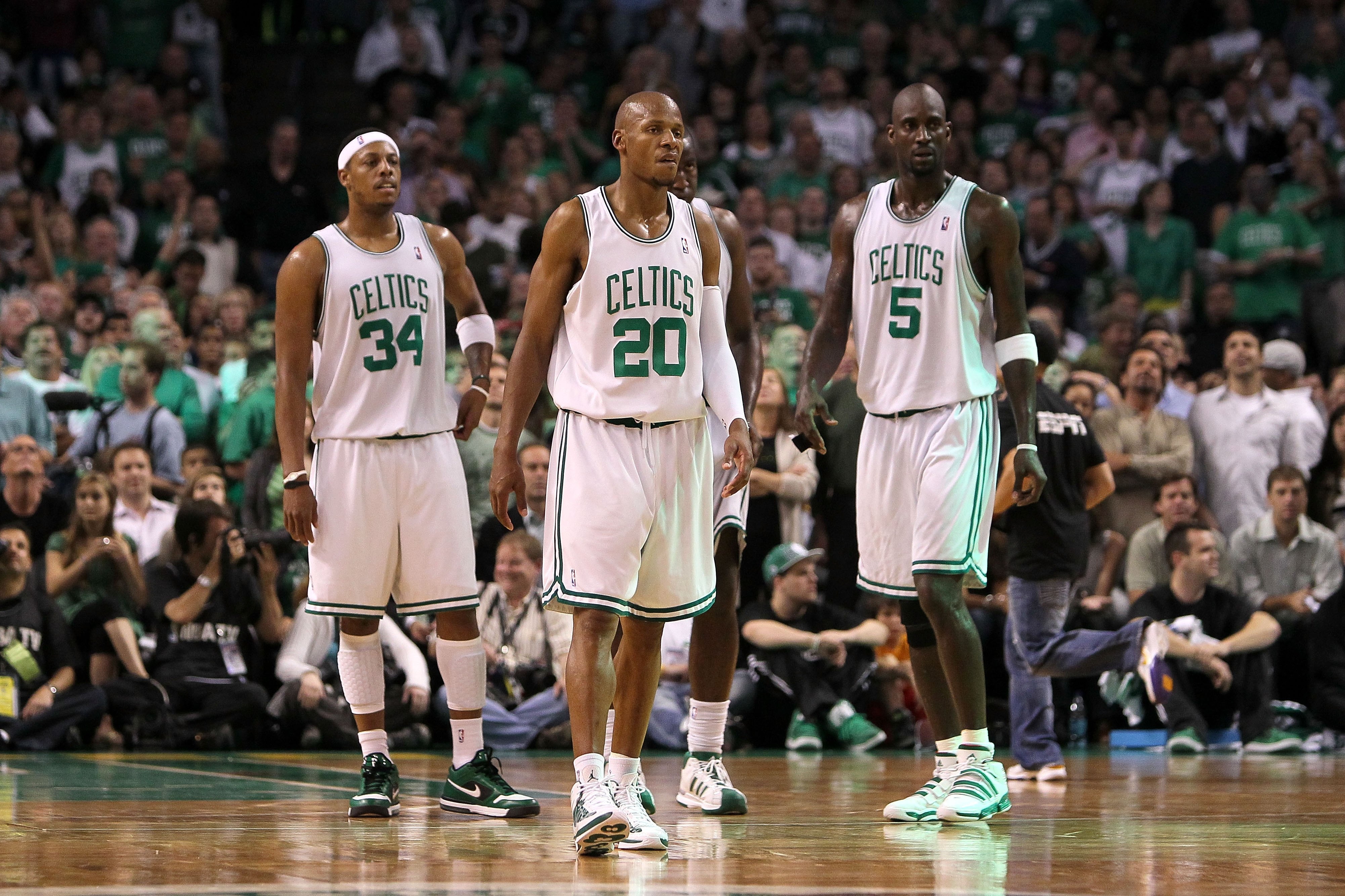 BOSTON - MAY 28: (L-R) Paul PIerce #34, Ray Allen #20 and Kevin Garnett #5 of the Boston Celtics look on against the Orlando Magic in Game Six of the Eastern Conference Finals during the 2010 NBA Playoffs at TD Garden on May 28, 2010 in Boston, Massachus BOSTON - MAY 28: (L-R) Paul PIerce #34, Ray Allen #20 and Kevin Garnett #5 of the Boston Celtics look on against the Orlando Magic in Game Six of the Eastern Conference Finals during the 2010 NBA Playoffs at TD Garden on May 28, 2010 in Boston, Massachus