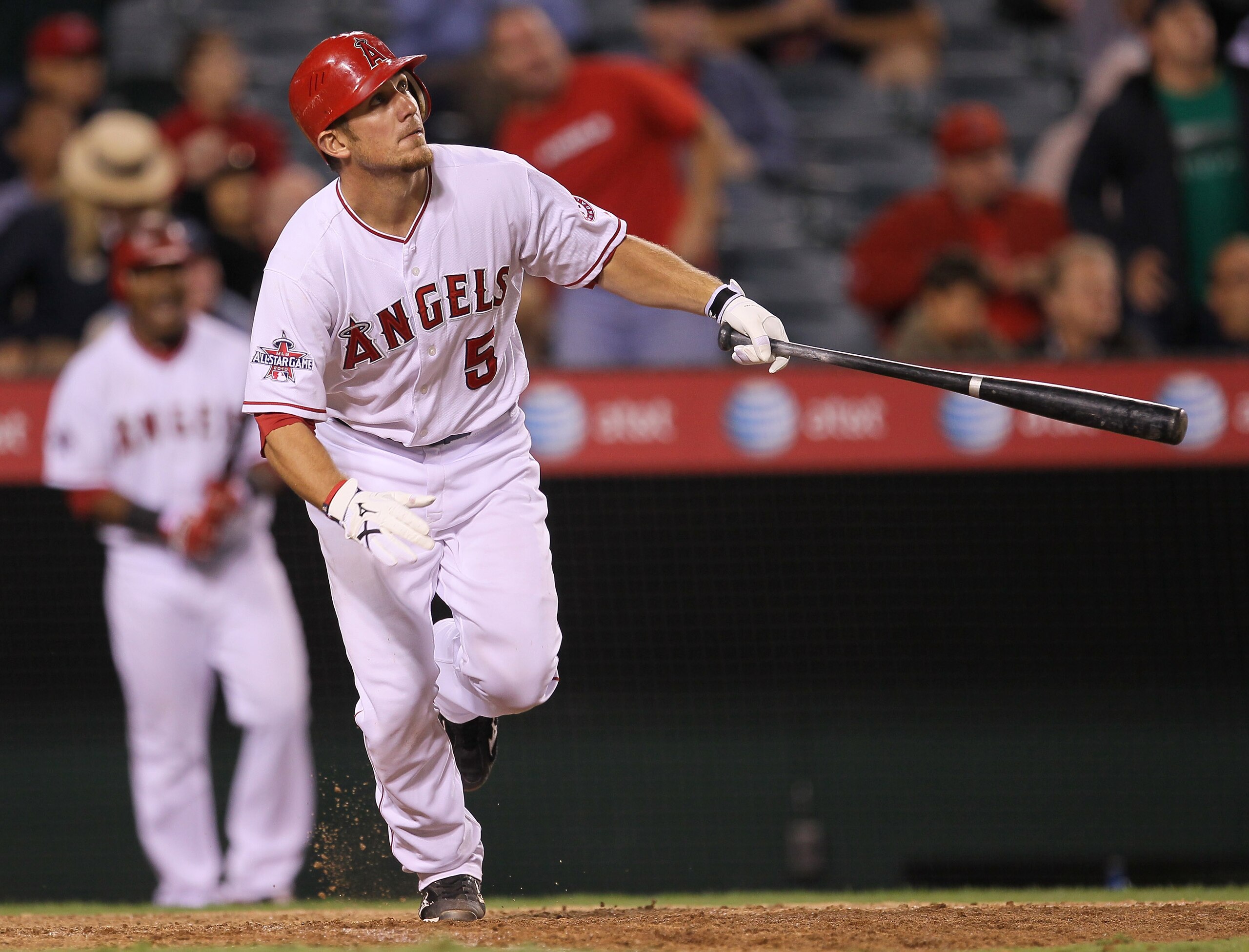 ANAHEIM, CA - SEPTEMBER 08:  Jeff Mathis #5 of the Los Angeles Angels of Anaheim hits a walk off sacrifice fly to score Torii Hunter from third base against the Cleveland Indians in the 16th inning on September 8, 2010 at Angel Stadium in Anaheim, Califor