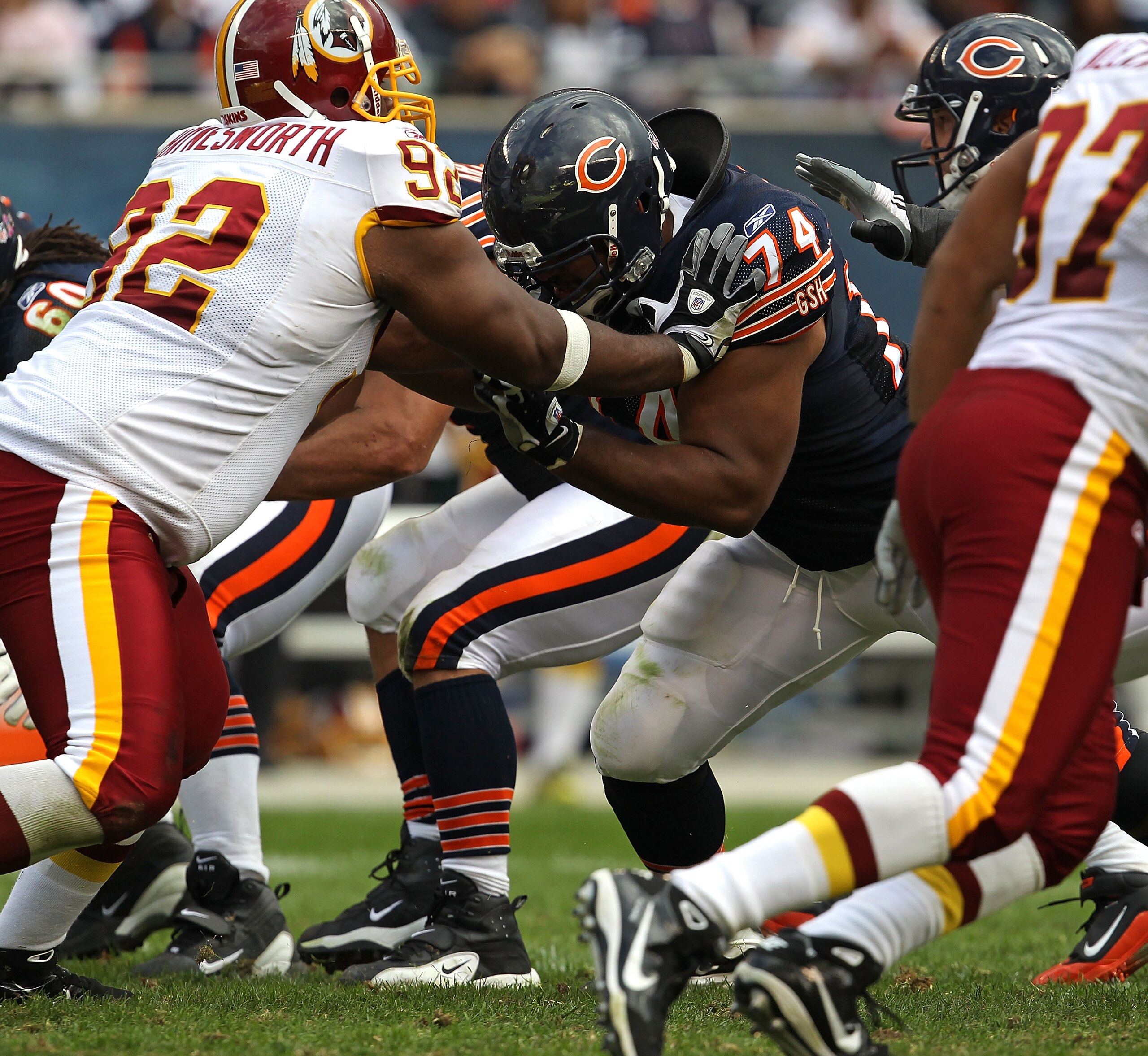 CHICAGO - OCTOBER 24: Chris Williams #74 of the Chicago Bears blocks Albert Haynesworth #92 of the Washington Redskins at Soldier Field on October 24, 2010 in Chicago, Illinois. The Redskins defeated the Bears 17-14. (Photo by Jonathan Daniel/Getty Images