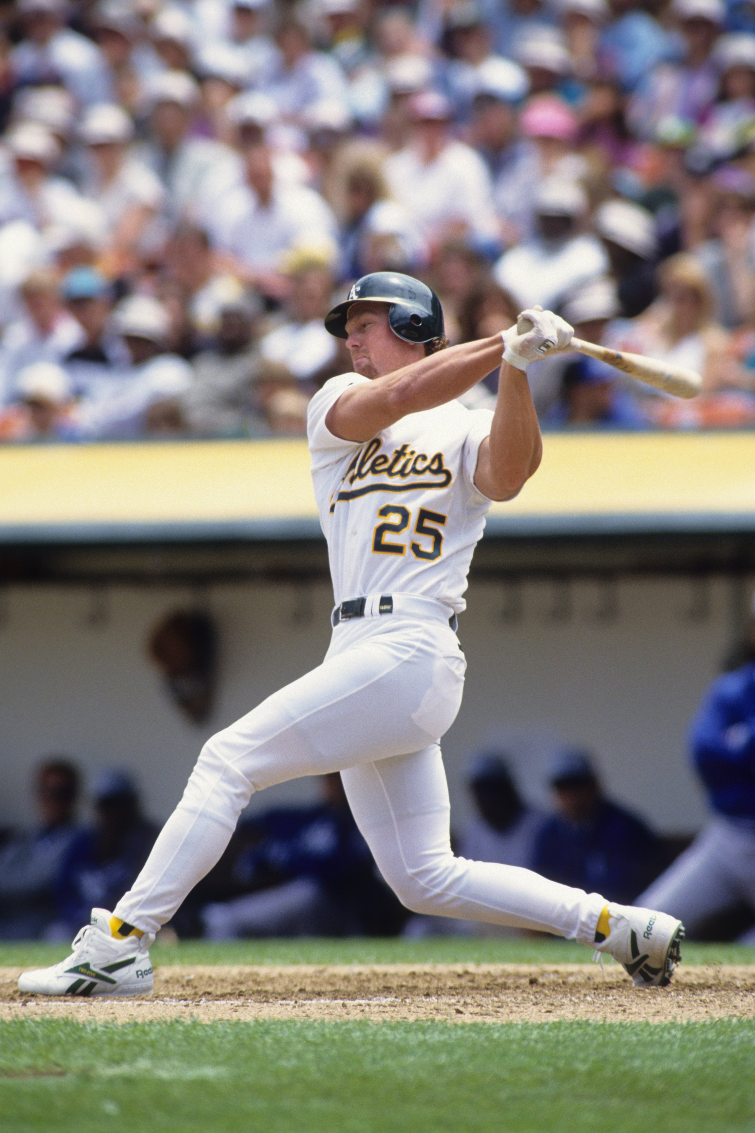 OAKLAND, CA - 1989:  Mark McGwire #25 of the Oakland Athletics plays first base during a game in the 1989 season at Oakland-Alameda County Coliseum in Oakland, California. (Photo by Otto Greule Jr/Getty Images)