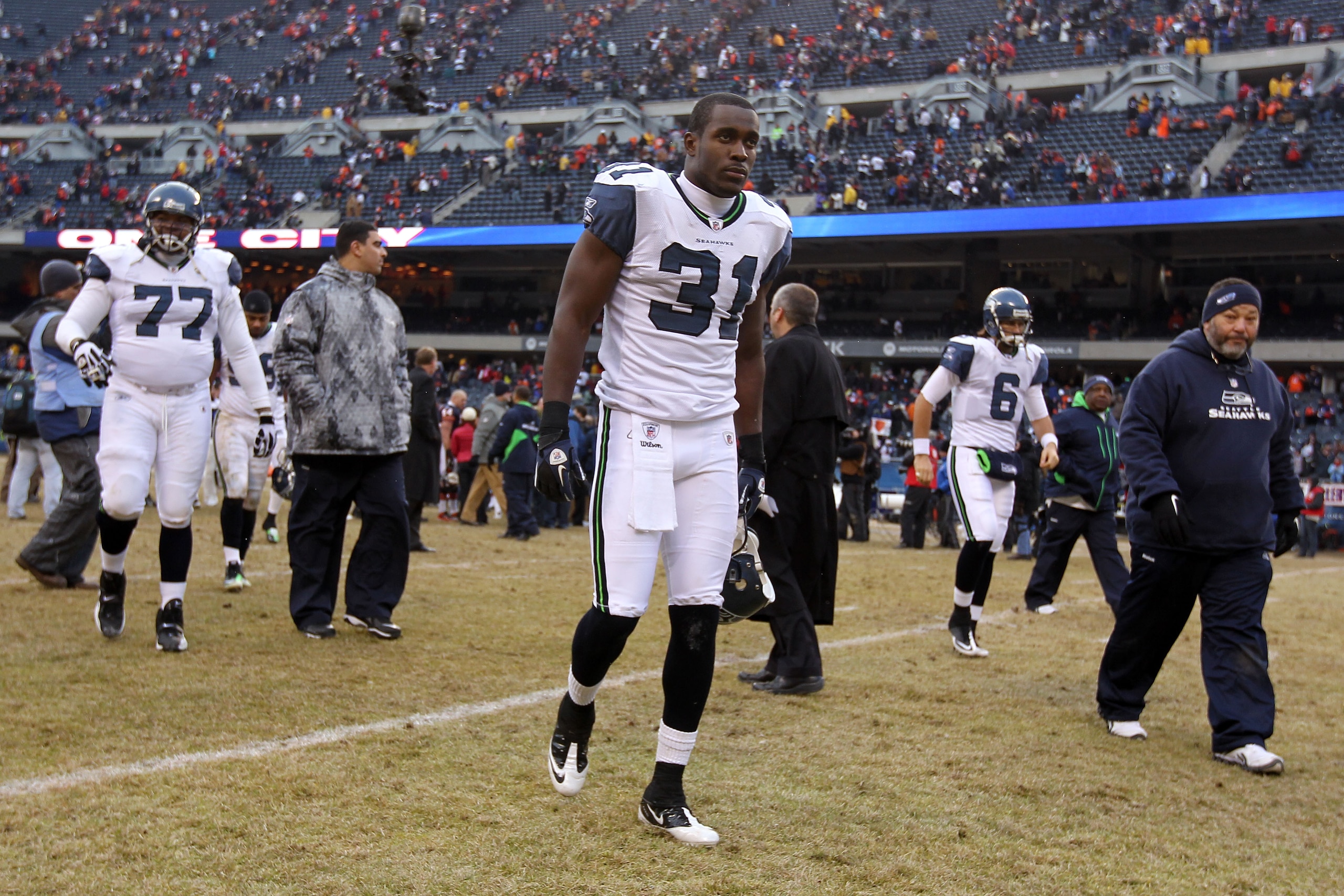 CHICAGO, IL - JANUARY 16:  Kam Chancellor #31 of the Seattle Seahawks walks off the field after the Seahawks were defeated by the Chicago Bears in the 2011 NFC divisional playoff game at Soldier Field on January 16, 2011 in Chicago, Illinois.  (Photo by A