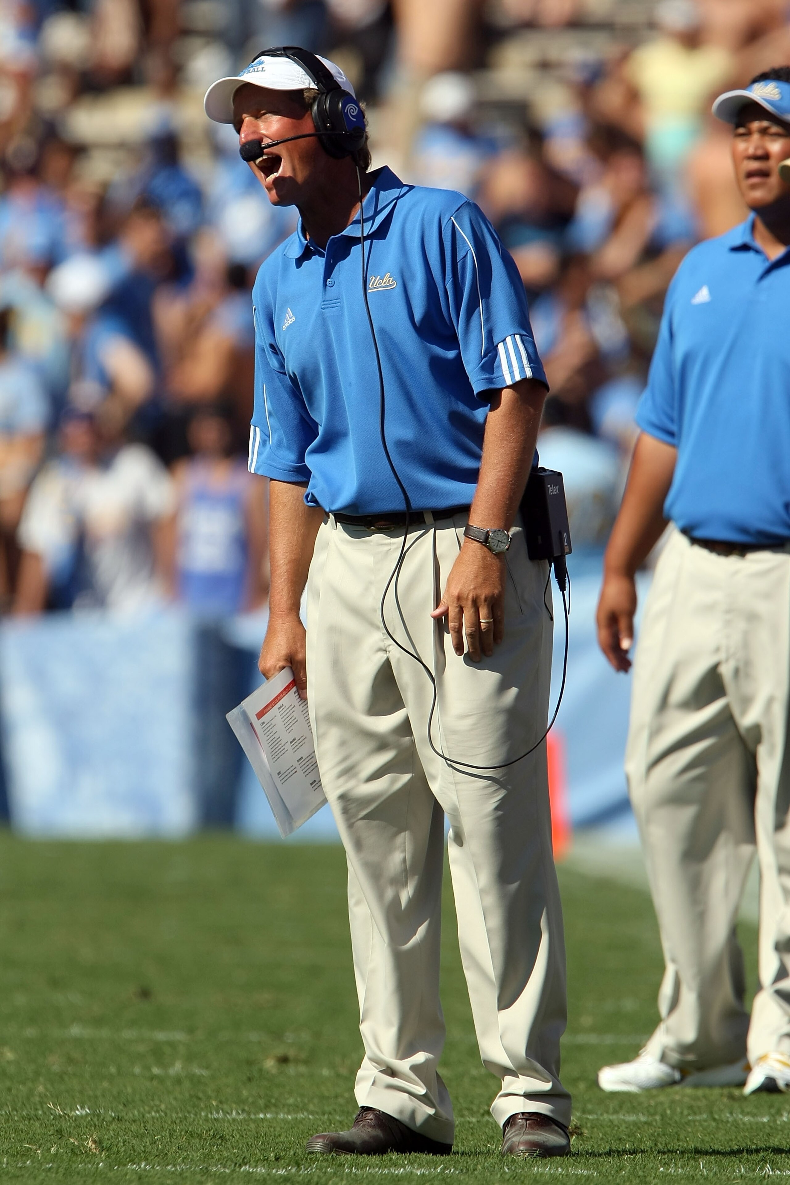 PASADENA, CA - SEPTEMBER 27:  Head coach Rick Neuheisel of the UCLA Bruins reacts to a call during the game against the Frenso State Bulldogs on September 27, 2008 at the Rose Bowl in Pasadena, California.  Fresno State defeated UCLA 36-31.  (Photo by Ste