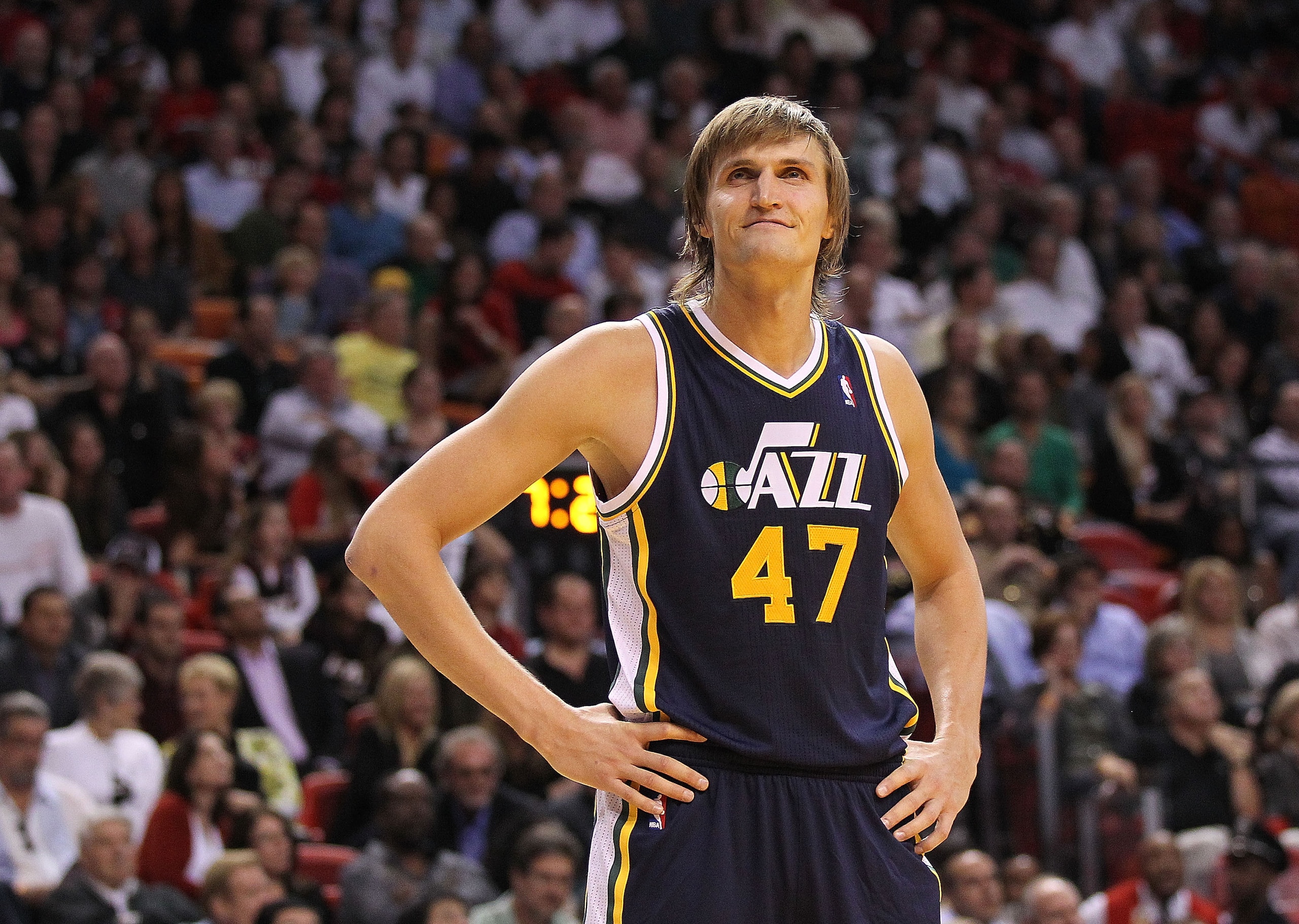 MIAMI - NOVEMBER 09:  Andrei Kirilenko #47 of the Utah Jazz waits during a foul shot during a game agsinst the Miami Heat at American Airlines Arena on November 9, 2010 in Miami, Florida. NOTE TO USER: User expressly acknowledges and agrees that, by downl