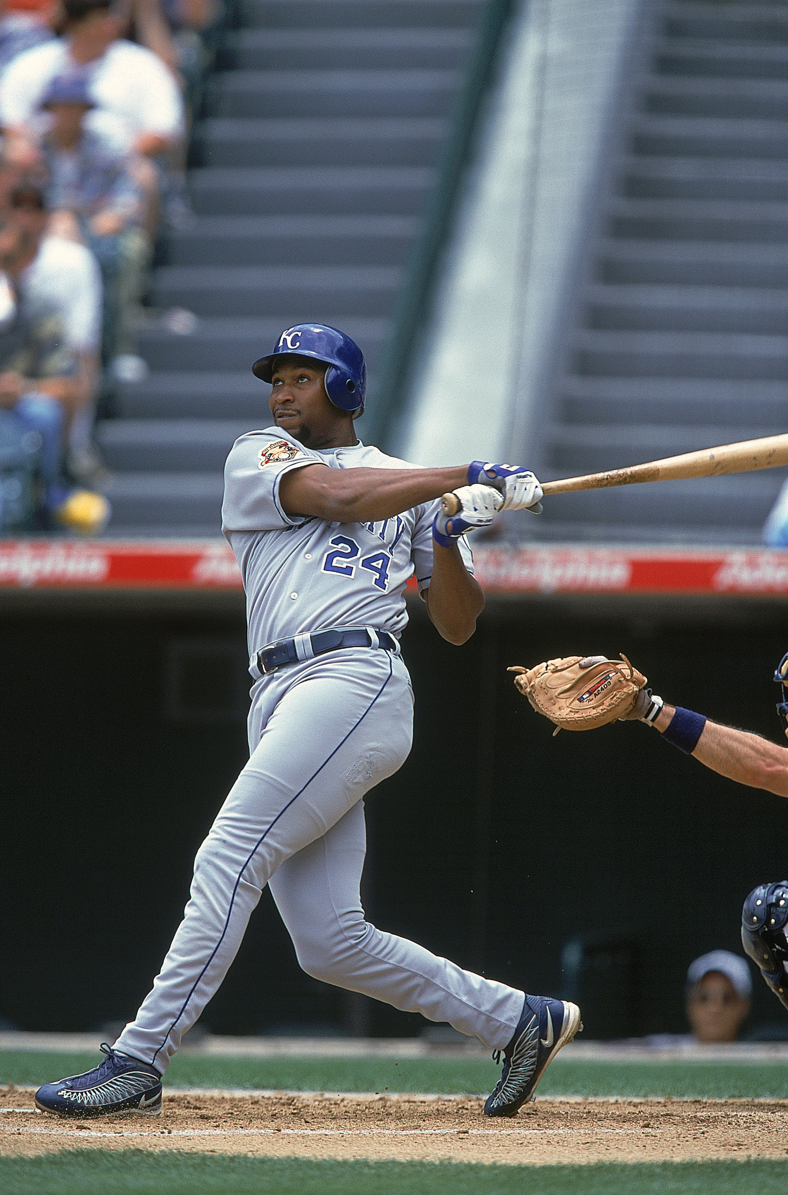3 Jun 2001: Jermaine Dye #24 of the Kansas City Royals swings and misses the ball during the game against the Anaheim Angels at Edison Field in Anaheim, California. The Angels defeated the 7-2.Mandatory Credit: Danny Moloshok /Allsport 3 Jun 2001: Jermaine Dye #24 of the Kansas City Royals swings and misses the ball during the game against the Anaheim Angels at Edison Field in Anaheim, California. The Angels defeated the 7-2.Mandatory Credit: Danny Moloshok /Allsport