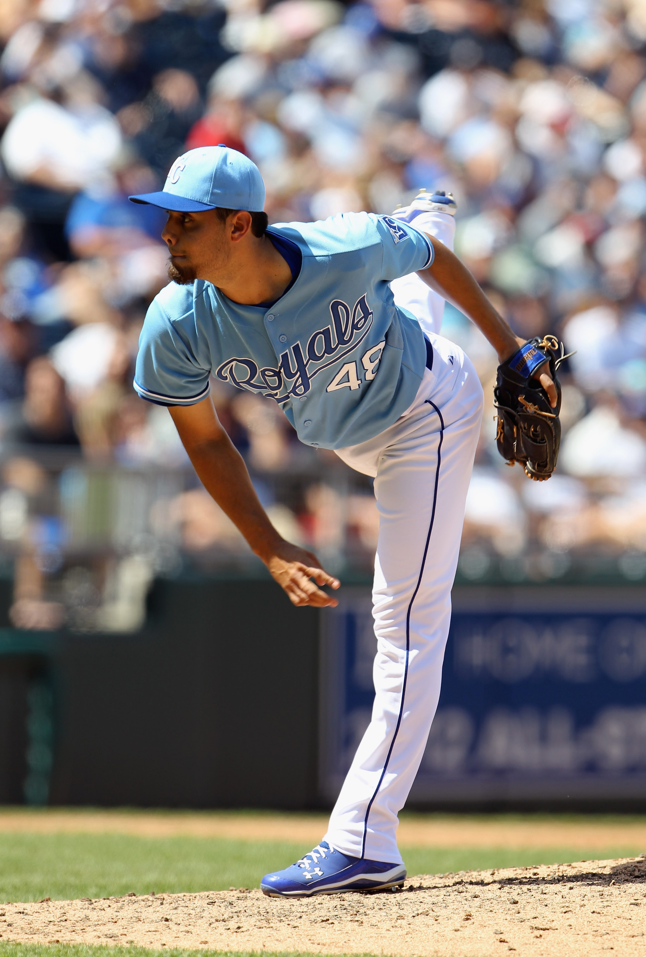 KANSAS CITY, MO - AUGUST 15: Pitcher Joakim Soria #48 of the Kansas City Royals in action during the game against the New York Yankees on August 15, 2010 at Kauffman stadium in Kansas City, Missouri. (Photo by Jamie Squire/Getty Images) KANSAS CITY, MO - AUGUST 15: Pitcher Joakim Soria #48 of the Kansas City Royals in action during the game against the New York Yankees on August 15, 2010 at Kauffman stadium in Kansas City, Missouri. (Photo by Jamie Squire/Getty Images)