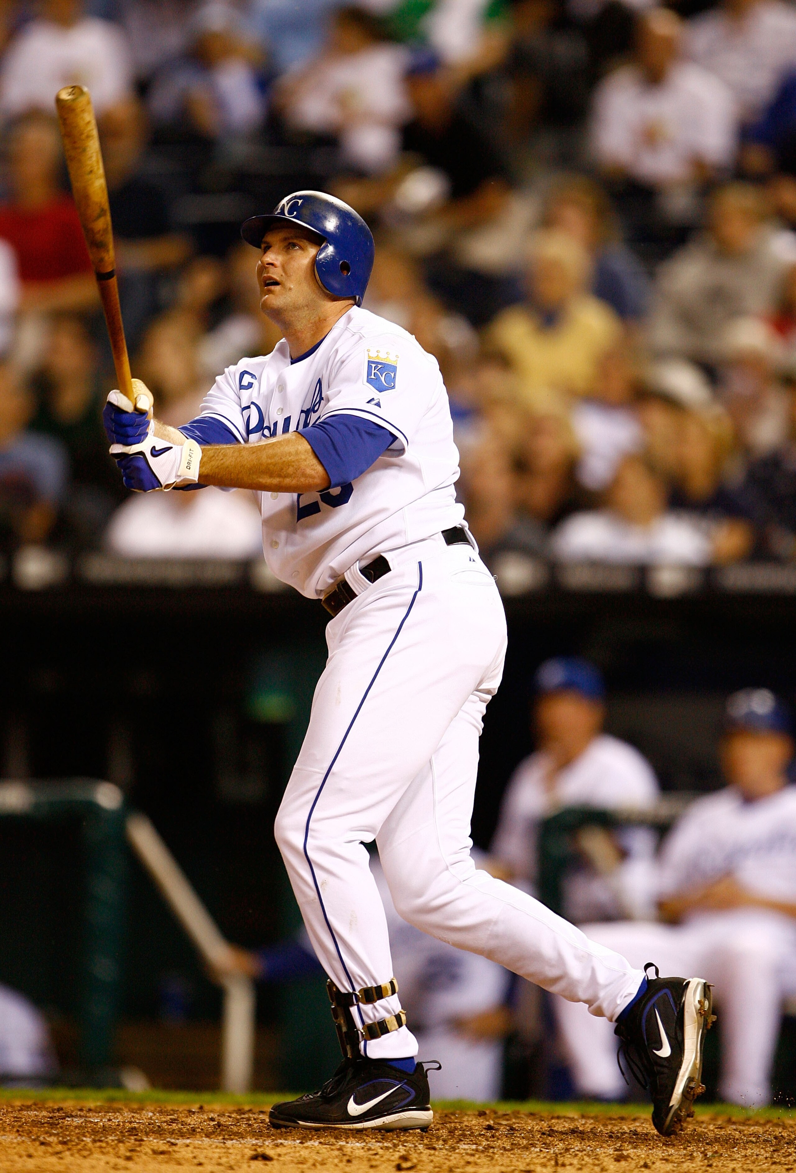 KANSAS CITY, MO - MAY 22: Mike Sweeney #29 of the Kansas City Royals watches as the ball sails over the wall for a home run during the 6th inning of the game against the Cleveland Indians on May 22, 2007 at Kaufmann Stadium in Kansas City, Missouri. (Ph KANSAS CITY, MO - MAY 22: Mike Sweeney #29 of the Kansas City Royals watches as the ball sails over the wall for a home run during the 6th inning of the game against the Cleveland Indians on May 22, 2007 at Kaufmann Stadium in Kansas City, Missouri. (Ph