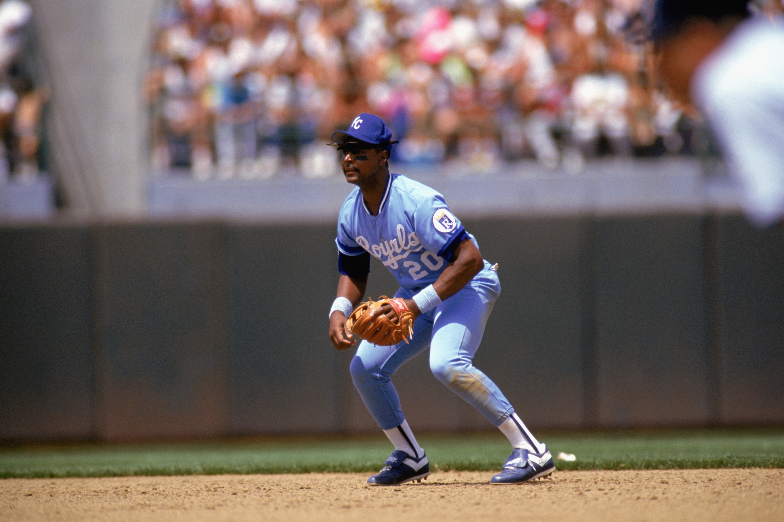 1990: Frank White of the Kansas City Royals gets ready to move for the ball during a MLB game in the 1990 season. ( Photo by: Otto Greule Jr/Getty Images) 1990: Frank White of the Kansas City Royals gets ready to move for the ball during a MLB game in the 1990 season. ( Photo by: Otto Greule Jr/Getty Images)
