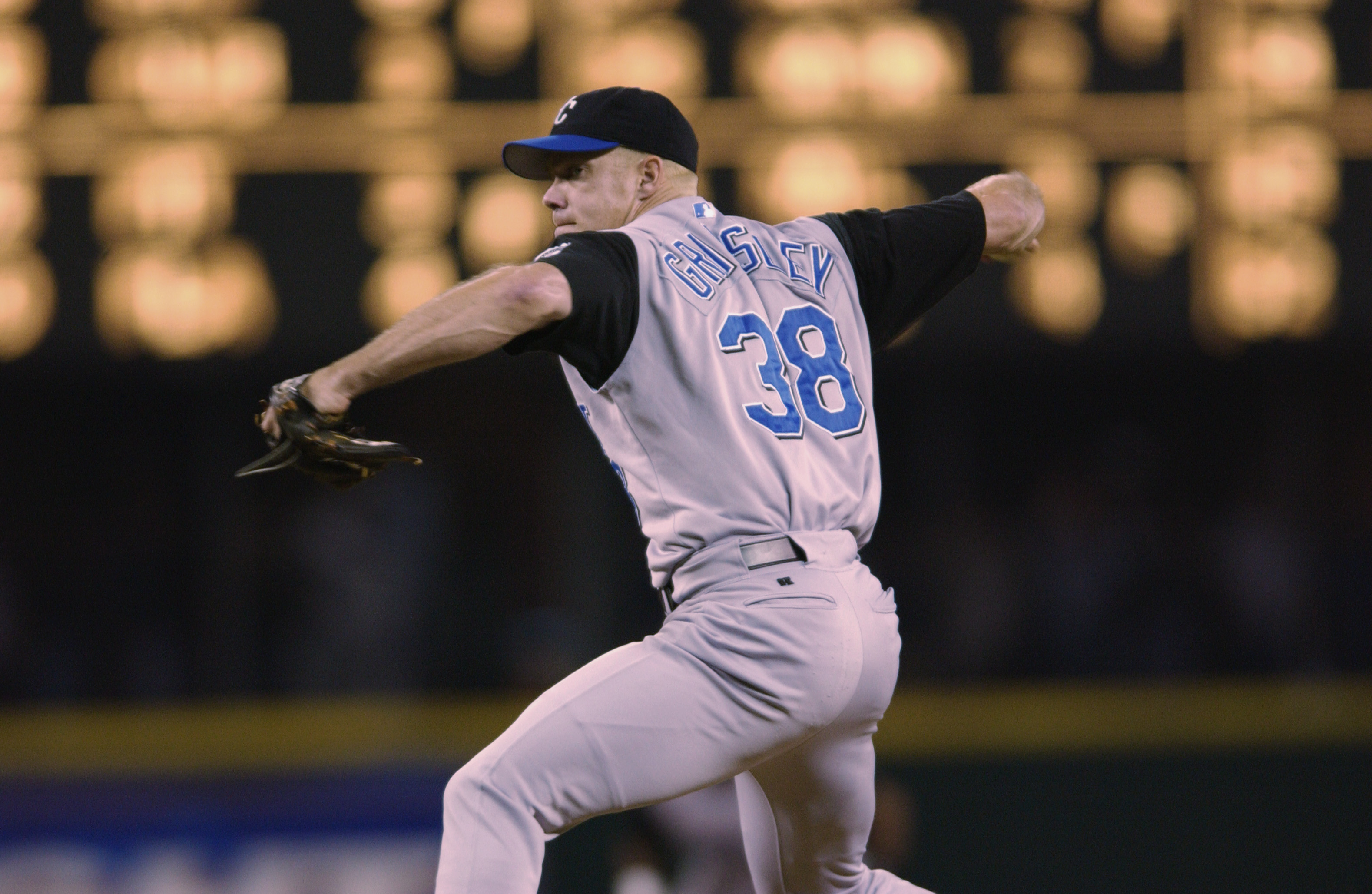 SEATTLE - AUGUST 30:  Pitcher Jason Grimsley #38 of the Kansas City Royals throws a pitch during the MLB game against the Seattle Mariners on August 30, 2002 at Safeco Field in Seattle, Washington.  The Royals defeated Mariners 5-1.  (Photo by Otto Greule