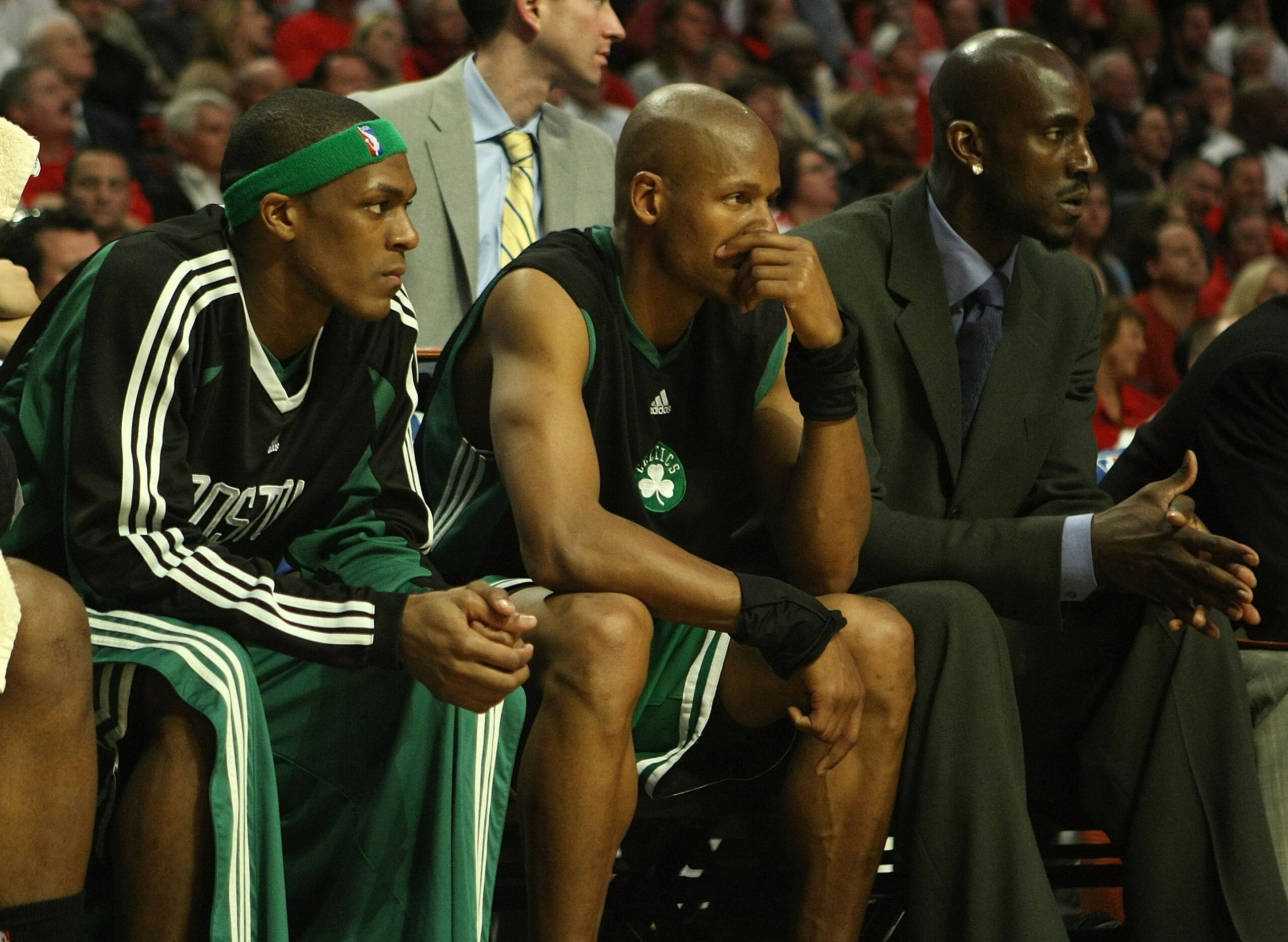 CHICAGO - APRIL 30: Rajon Rondo #9, Ray Allen #20 and Kevin Garnett of the Boston Celtics watch from the bench in Game Six of the Eastern Conference Quarterfinals during the 2009 NBA Playoffs against the Chicago Bulls at the United Center on April 30, 200