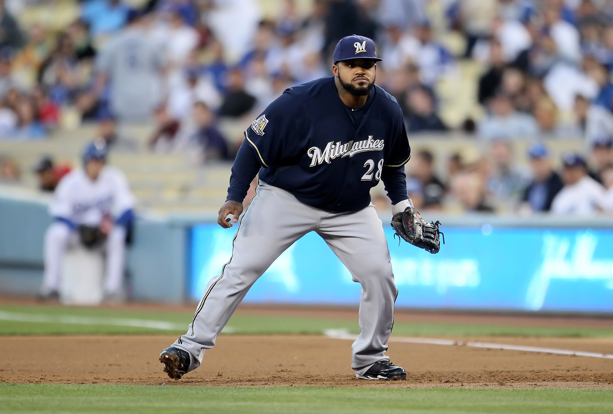 LOS ANGELES, CA - MAY 06:  Prince Fielder #28 of the Milwaukee Brewers plays the field in the first inning against the Los Angeles Dodgers at Dodger Stadium on May 6, 2010 in Los Angeles, California.  The Dodgers defeated the Brewers 7-3.  (Photo by Jeff