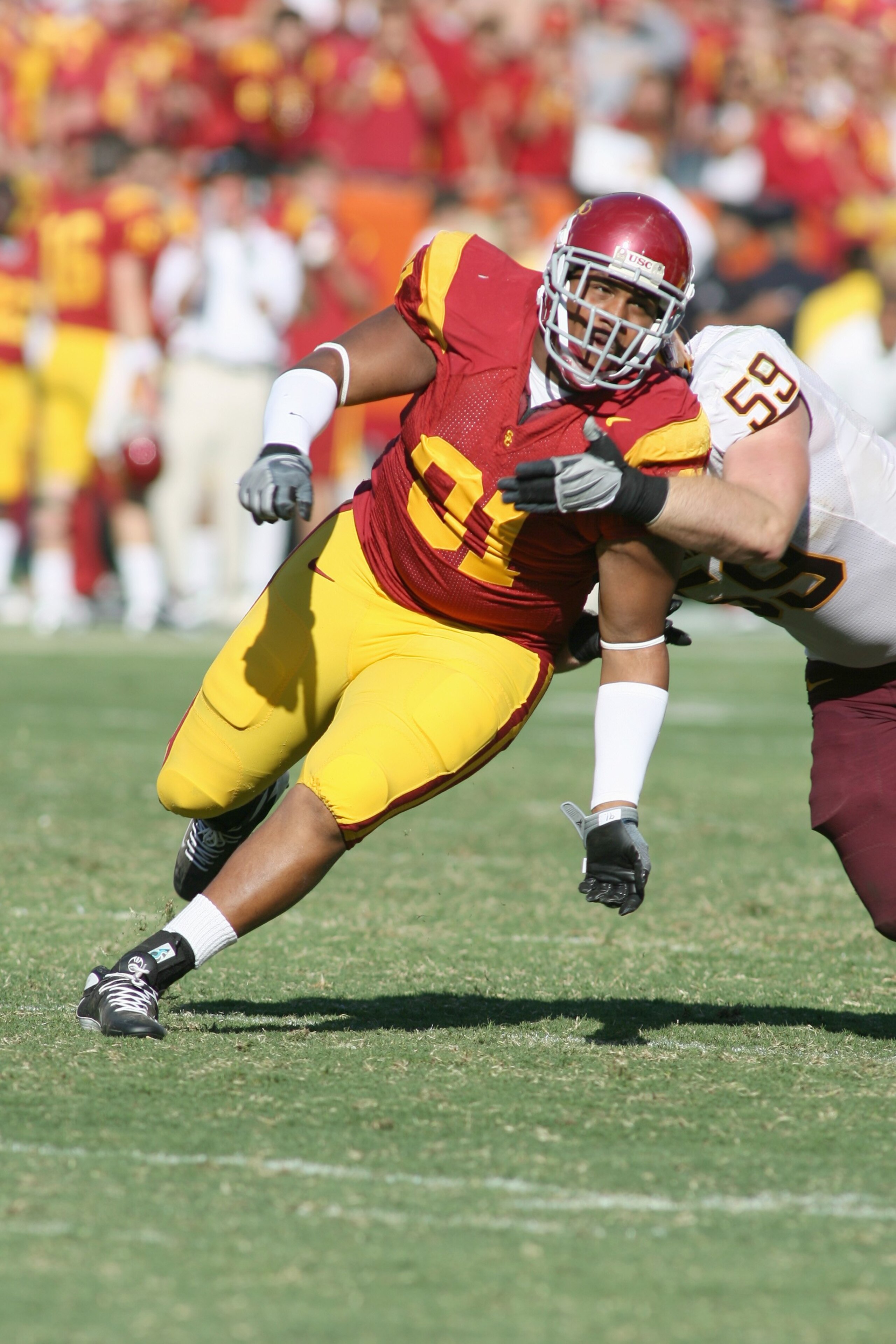 LOS ANGELES - OCTOBER 11:  Jurrell Casey of the USC Trojans rushes against the Arizona State Sun Devils on October 11, 2008 at the Los Angeles Memorial Coliseum in Los Angeles, California.  USC won 28-0.  (Photo by Jeff Golden/Getty Images)
