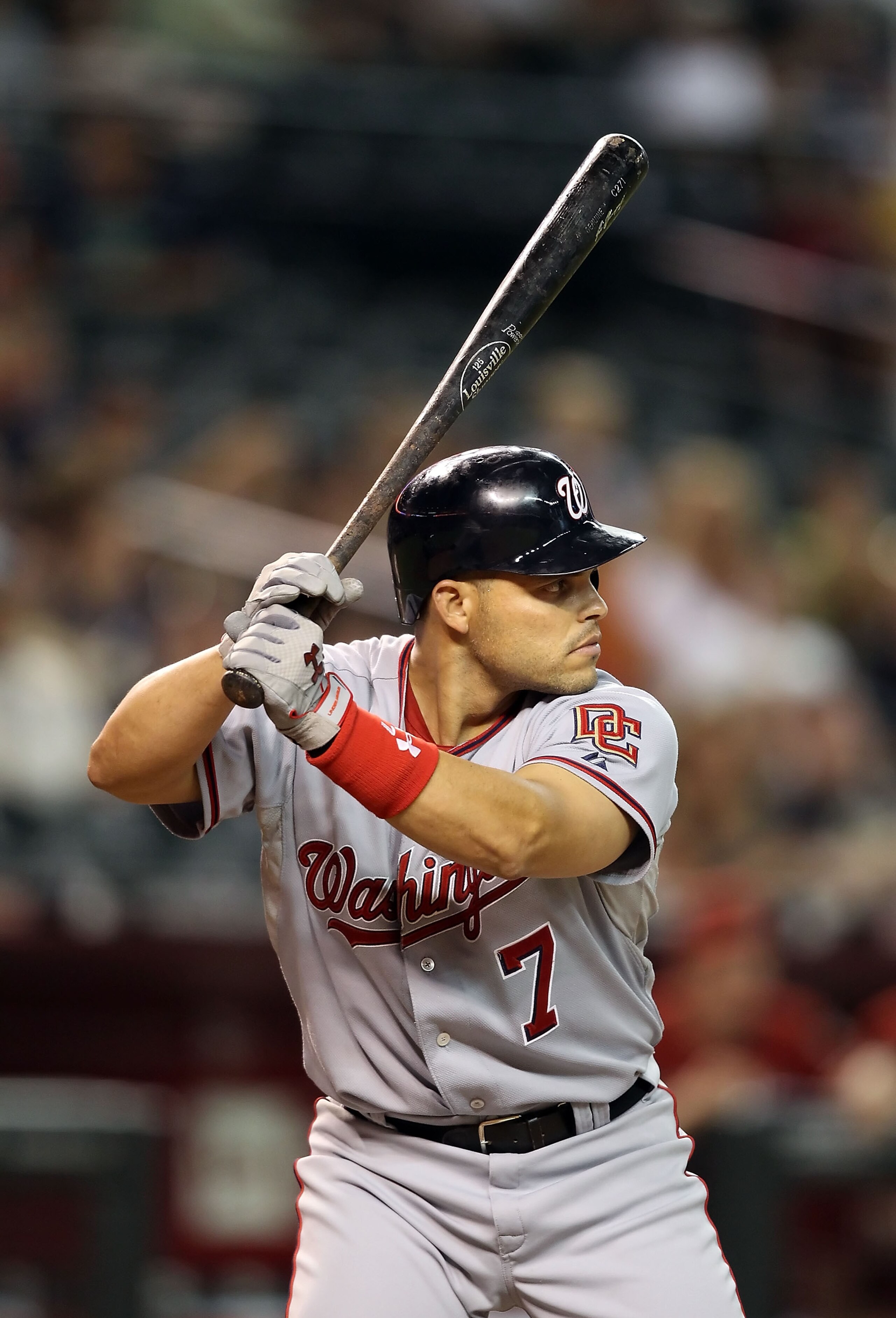 PHOENIX - AUGUST 04:  Ivan Rodriguez #7 of the Washington Nationals at bat during the Major League Baseball game against the Arizona Diamondbacks at Chase Field on August 4, 2010 in Phoenix, Arizona. The Nationals defeated the Diamondbacks 7-2.  (Photo by