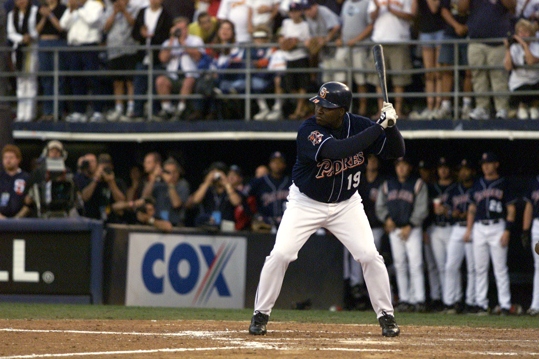 7 Oct 01: San Diego Padres outfielder Tony Gwynn #19 awaits the pitch in his final Major League at bat, in their game versus the Colorado Rockies at Qualcomm Stadium in San Diego, California.  The Rockies won 14-5.  DIGITAL IMAGE Mandatory Credit:  Stephe
