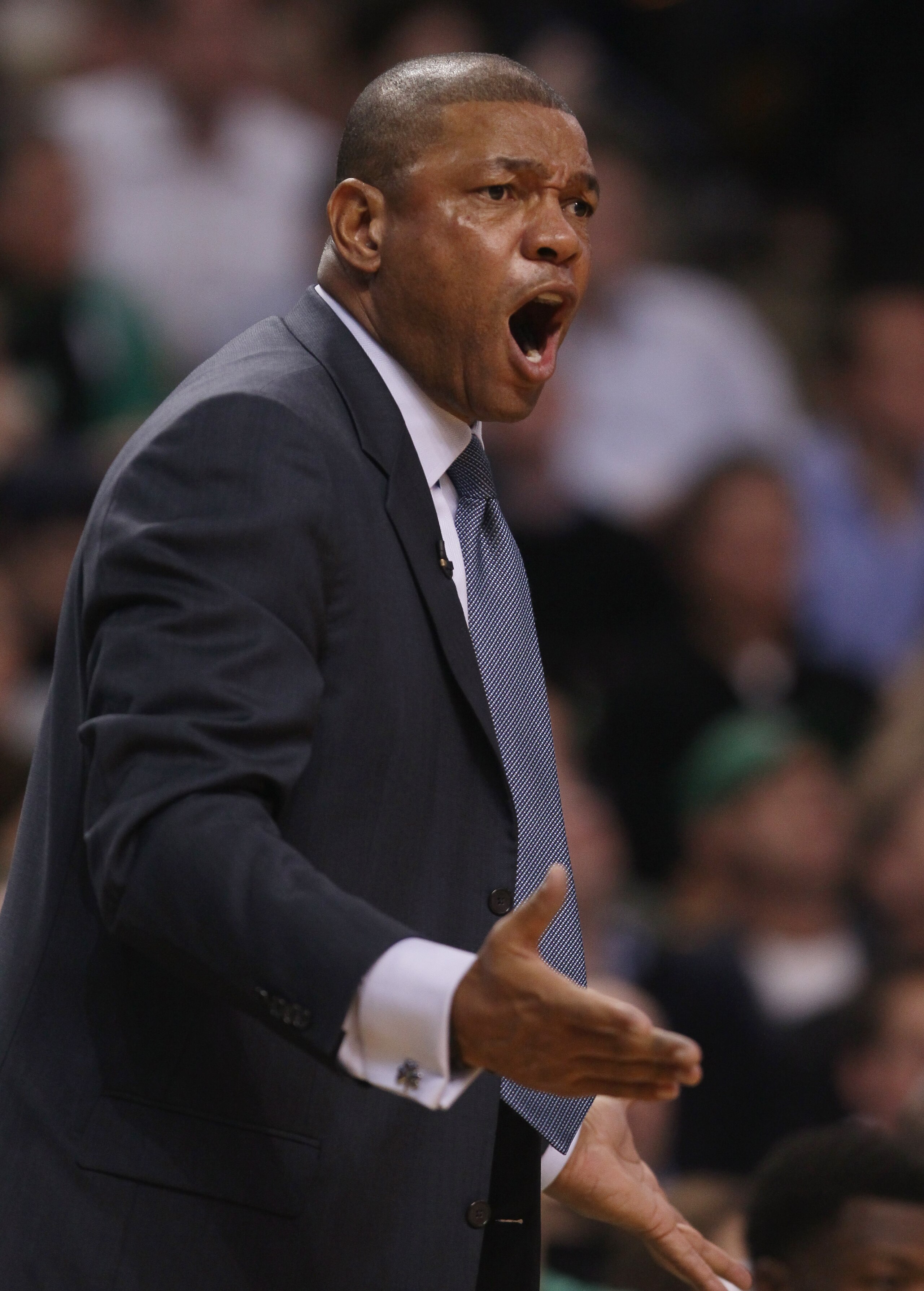 BOSTON - NOVEMBER 05:  Head coach Doc Rivers of the Boston Celtics reacts to a call in the fourth quarter against the Chicago Bulls on November 5, 2010 at the TD Garden in Boston, Massachusetts. The Celtics defeated the Bulls 110-105 in overtime. NOTE TO