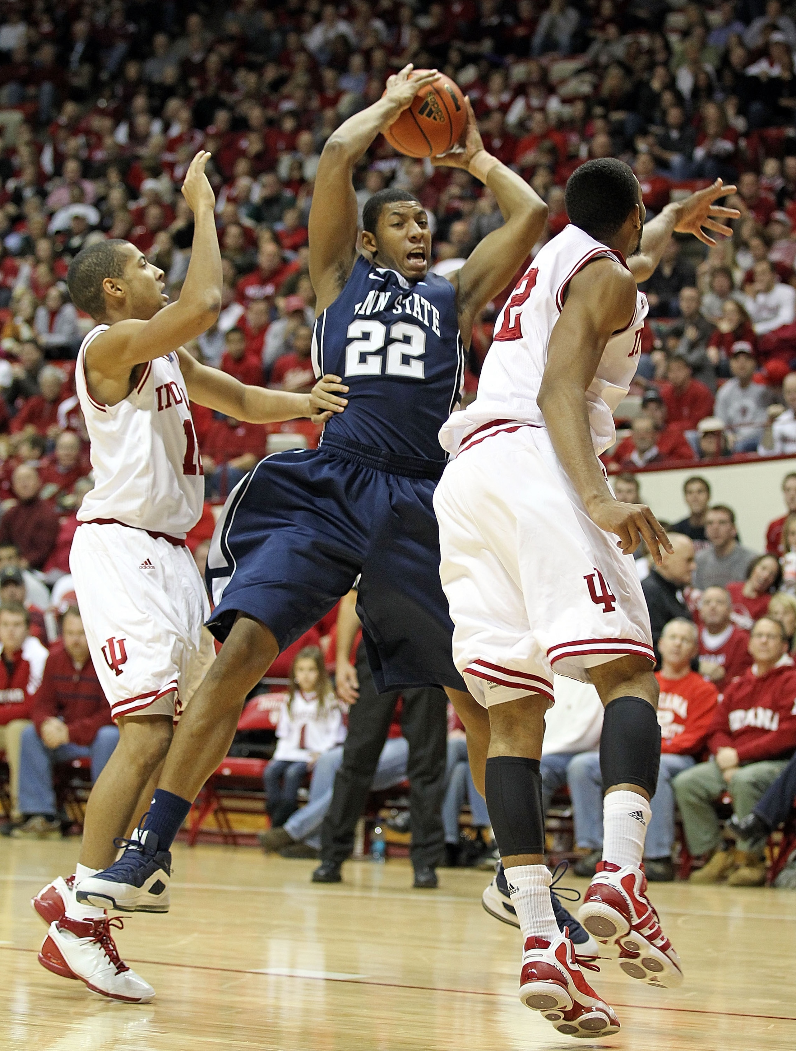 BLOOMINGTON, IN - DECEMBER 27:  Andrew Jones #22 of Penn State Nittany Lions grabs a rebound   during the Big Ten Conference game against the Indiana Hoosiers on December 27, 2010 at Assembly Hall in Bloomington, Indiana.  (Photo by Andy Lyons/Getty Image
