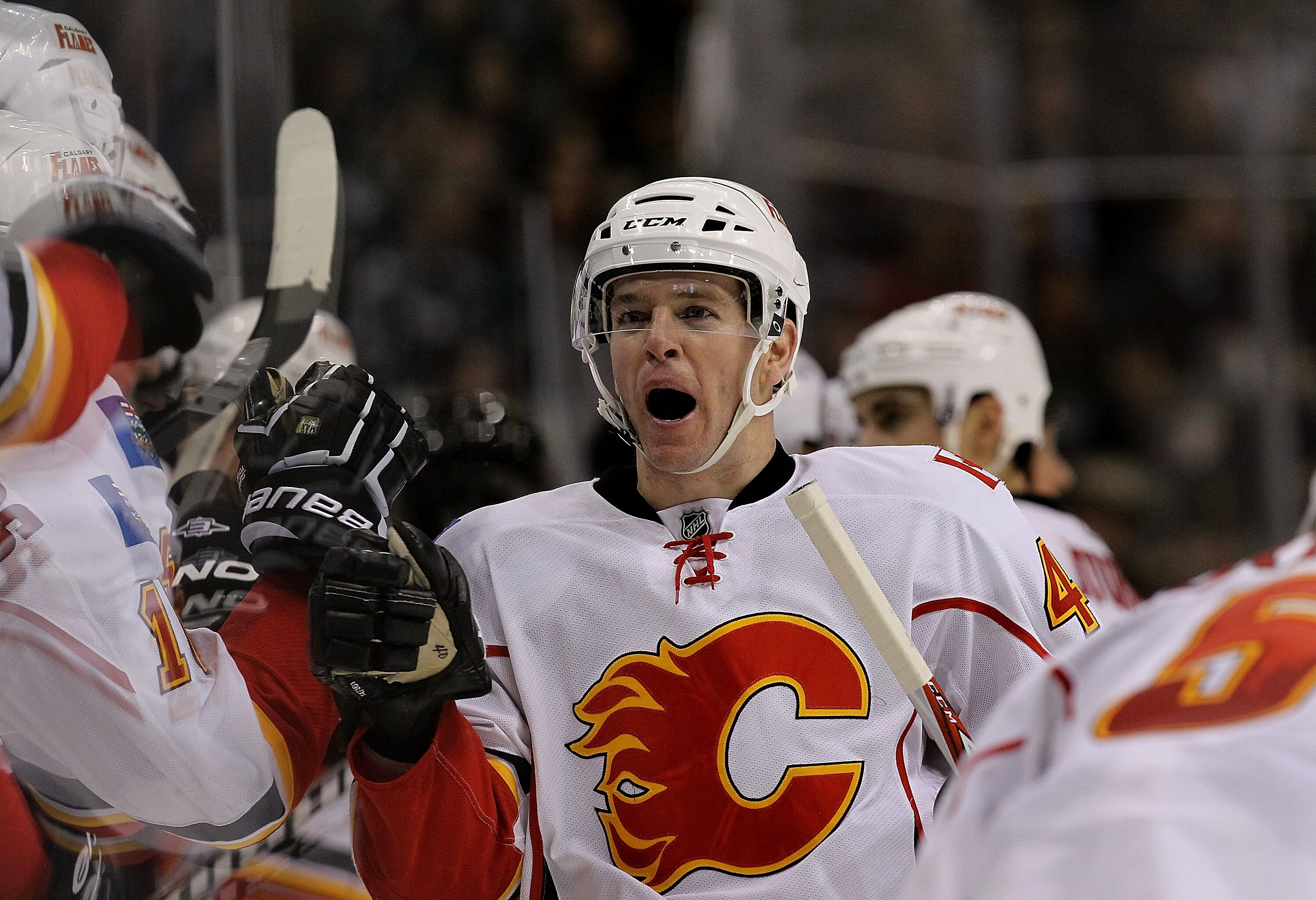 DALLAS, TX - DECEMBER 23:  Left wing Alex Tanguay #40 of the Calgary Flames reacts after scoring a goal in the third period against the Dallas Stars at American Airlines Center on December 23, 2010 in Dallas, Texas.  (Photo by Ronald Martinez/Getty Images