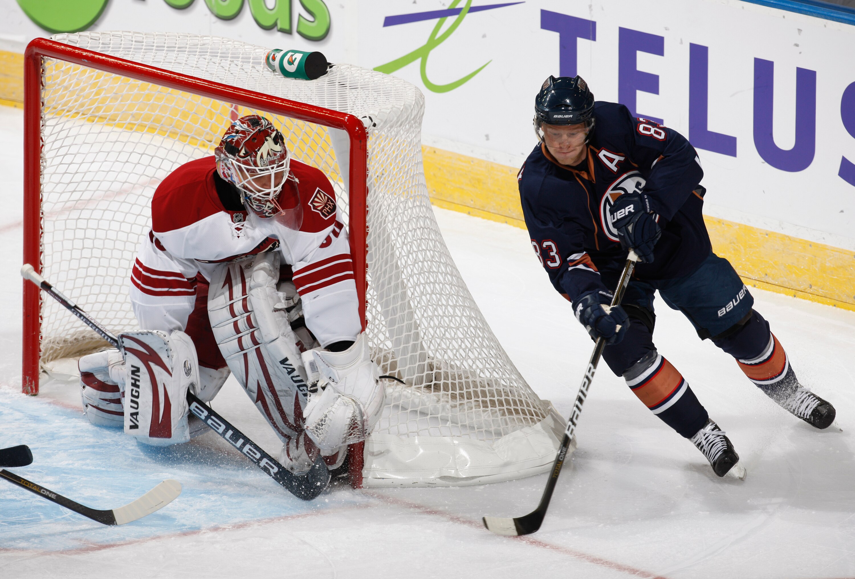 EDMONTON, CANADA - NOVEMBER 19: Ales Hemsky #83 of the Edmonton Oilers tries to score on Ilya Bryzgalov #30 of the Phoenix Coyotes at Rexall Place November 19, 2010 in Edmonton, Alberta, Canada. (Photo by Dale MacMillan/Getty Images)