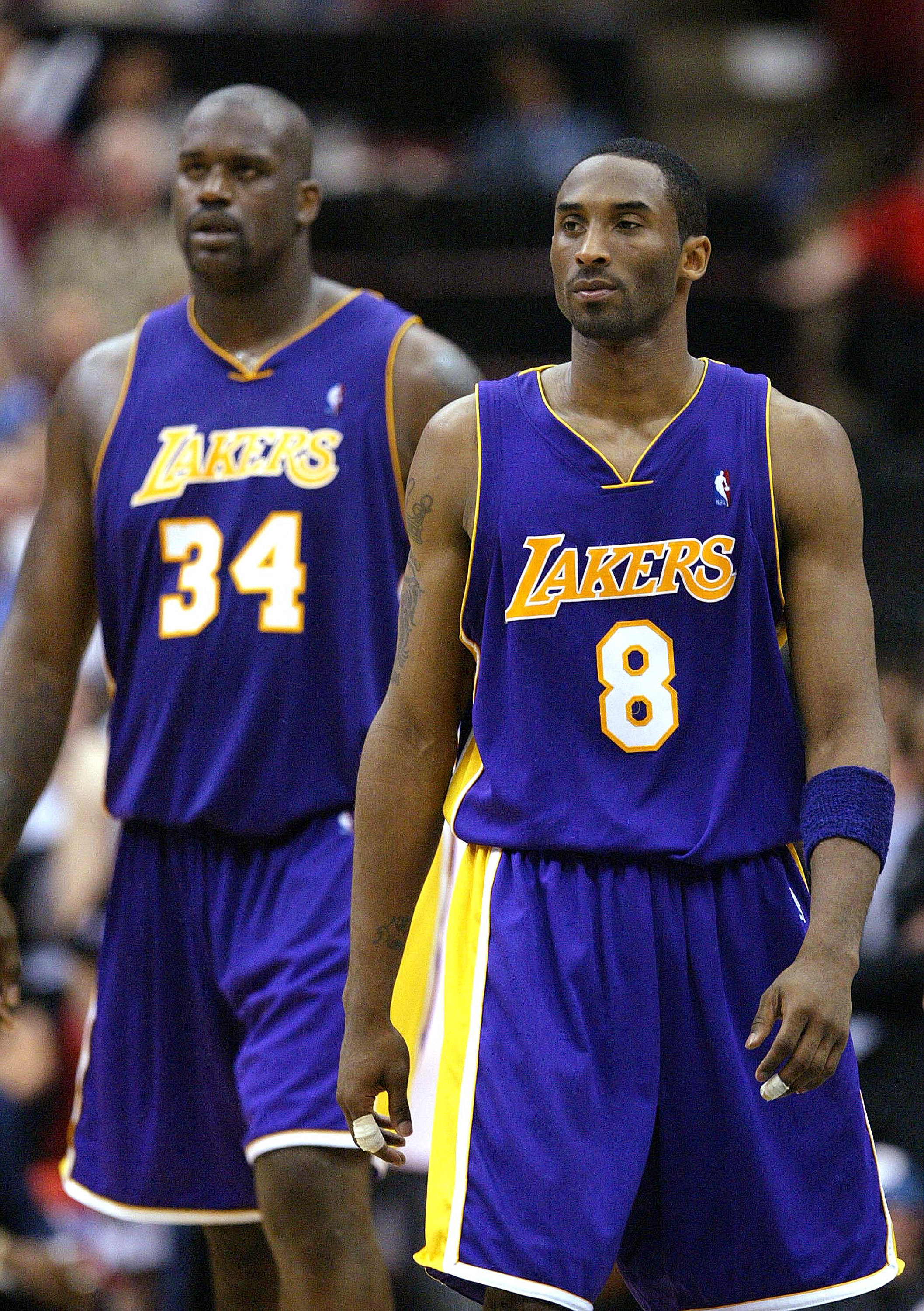 Shaquille O'Neal and Kobe Bryant of the Los Angeles Lakers pose for a