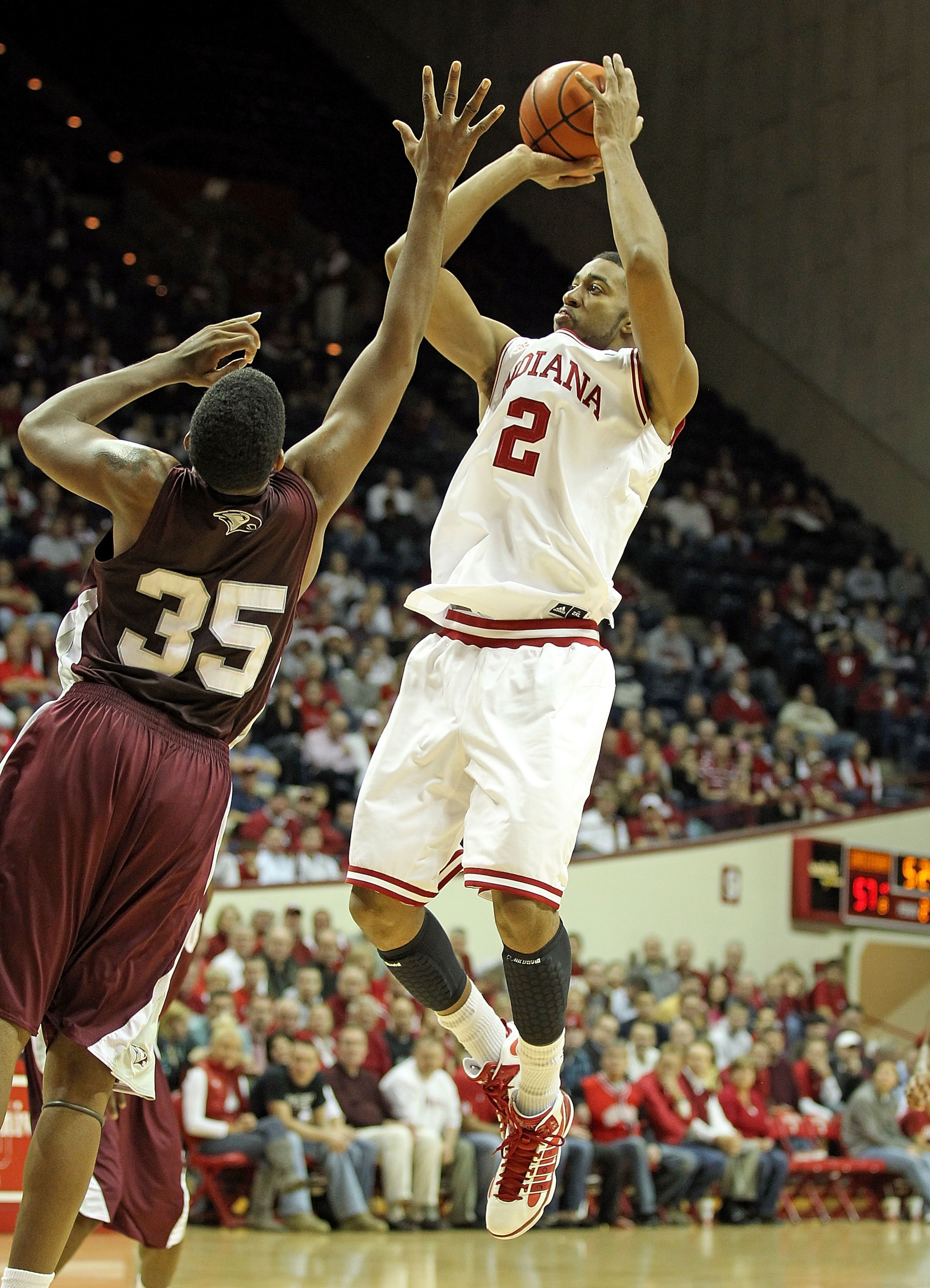 BLOOMINGTON, IN - NOVEMBER 23:  Christian Watford #2 of the Indiana Hoosiers shoots the ball during the game against the North Carolina Central Eagles at Assembly Hall on November 23, 2010 in Bloomington, Indiana.  Indiana won 72-56.(Photo by Andy Lyons/G