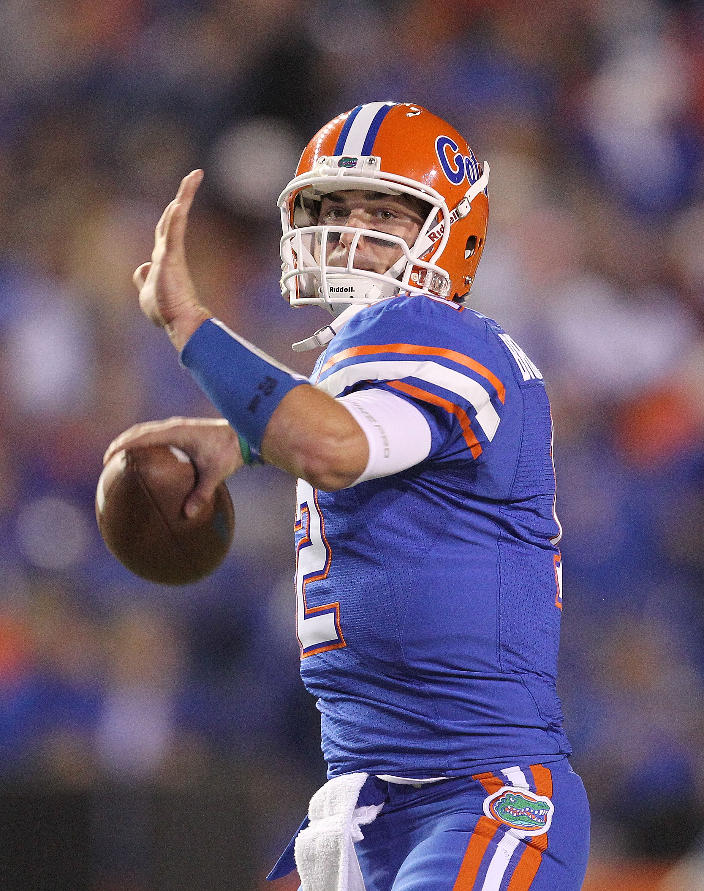 GAINESVILLE, FL - NOVEMBER 13: John Brantley #12 of the Florida Gators warms up during a game against the South Carolina Gamecocks at Ben Hill Griffin Stadium on November 13, 2010 in Gainesville, Florida. (Photo by Mike Ehrmann/Getty Images)