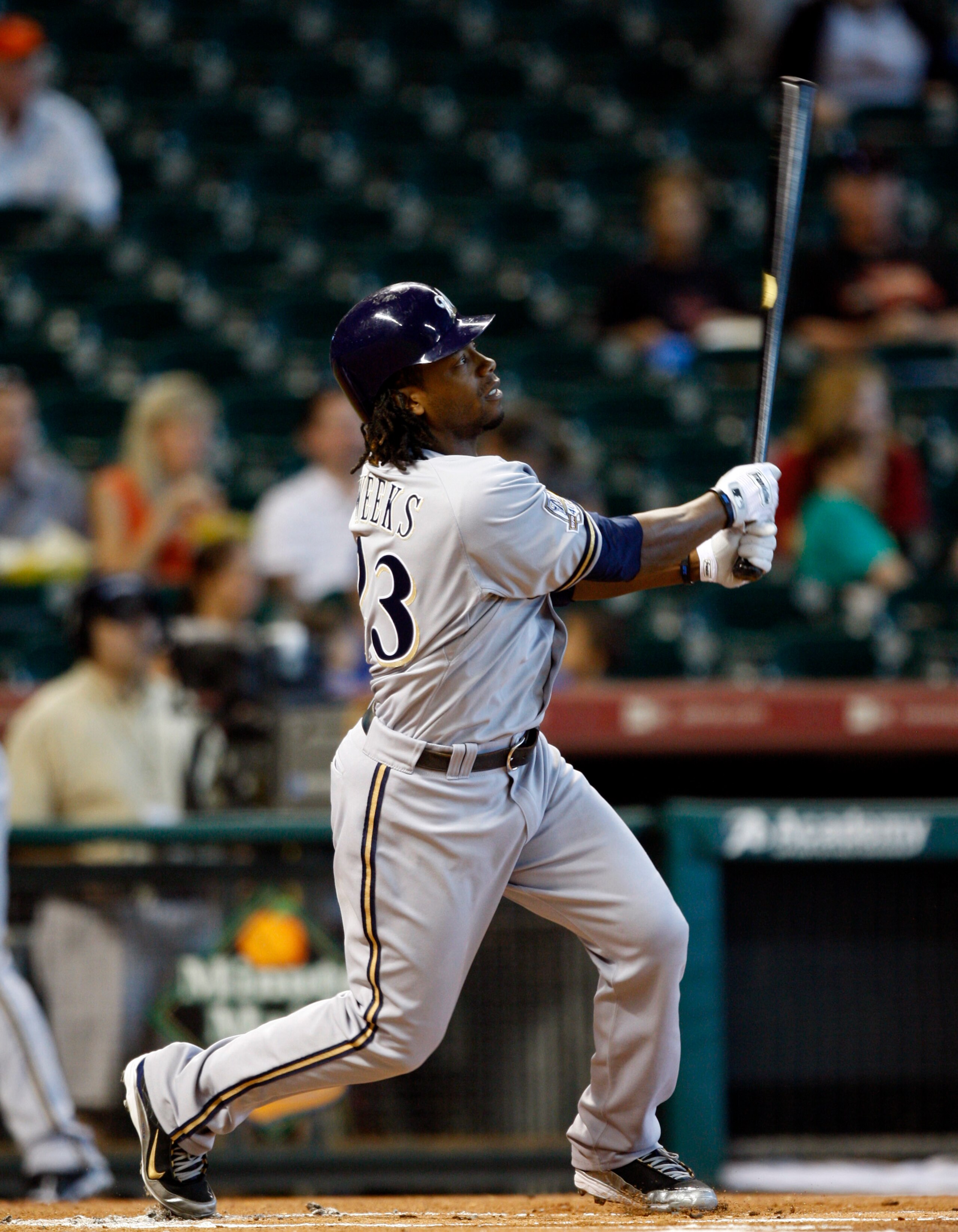HOUSTON - SEPTEMBER 15:  Rickie Weeks #23 of the Milwaukee Brewers hits a solo home run in the first inning against the Houston Astros in the first inning at Minute Maid Park on September 15, 2010 in Houston, Texas.  (Photo by Bob Levey/Getty Images)
