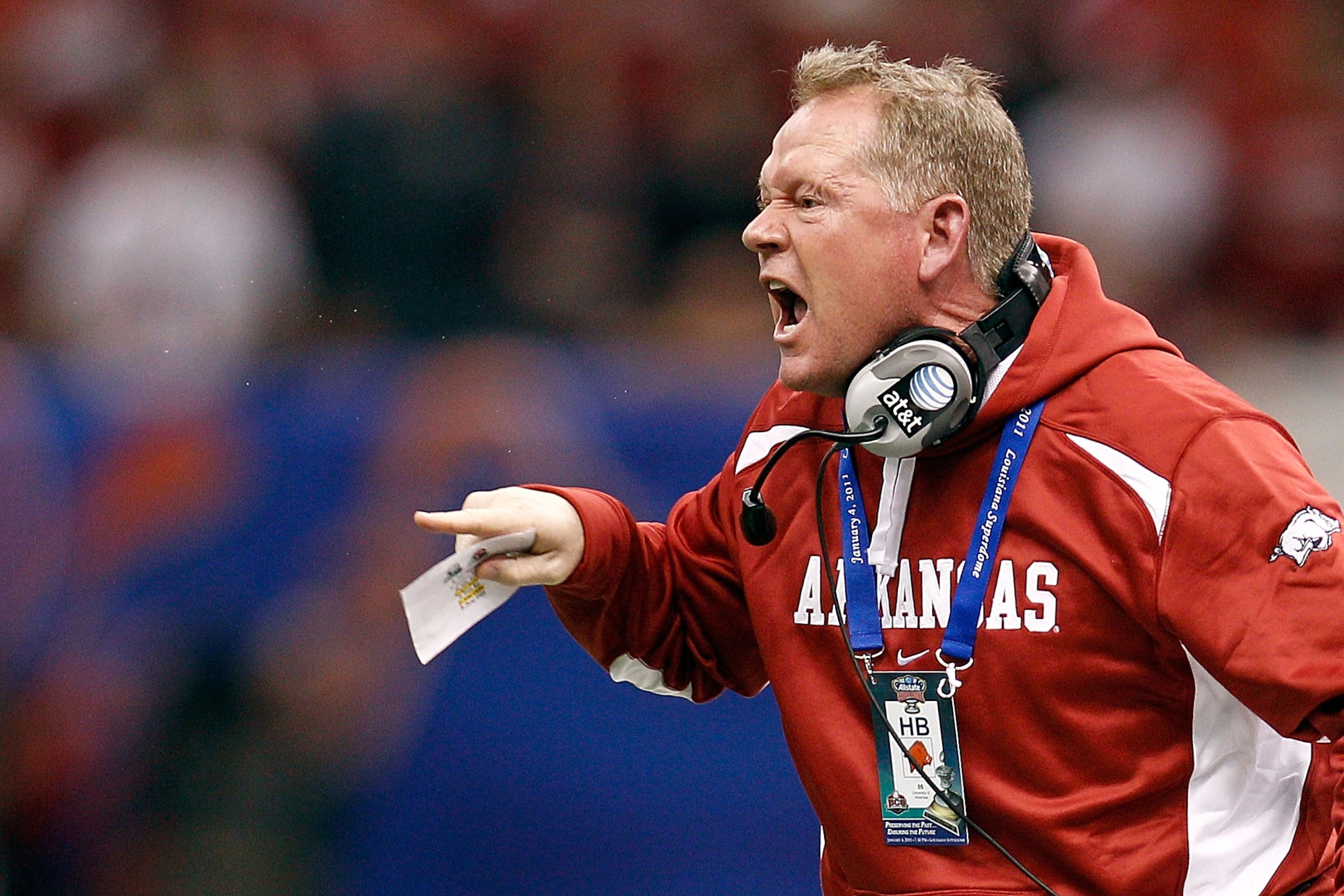 NEW ORLEANS, LA - JANUARY 04: Head coach Bobby Petrino of the Arkansas Razorbacks reacts in the first half against the Ohio State Buckeyes during the Allstate Sugar Bowl at the Louisiana Superdome on January 4, 2011 in New Orleans, Louisiana. (Photo by NEW ORLEANS, LA - JANUARY 04: Head coach Bobby Petrino of the Arkansas Razorbacks reacts in the first half against the Ohio State Buckeyes during the Allstate Sugar Bowl at the Louisiana Superdome on January 4, 2011 in New Orleans, Louisiana. (Photo by