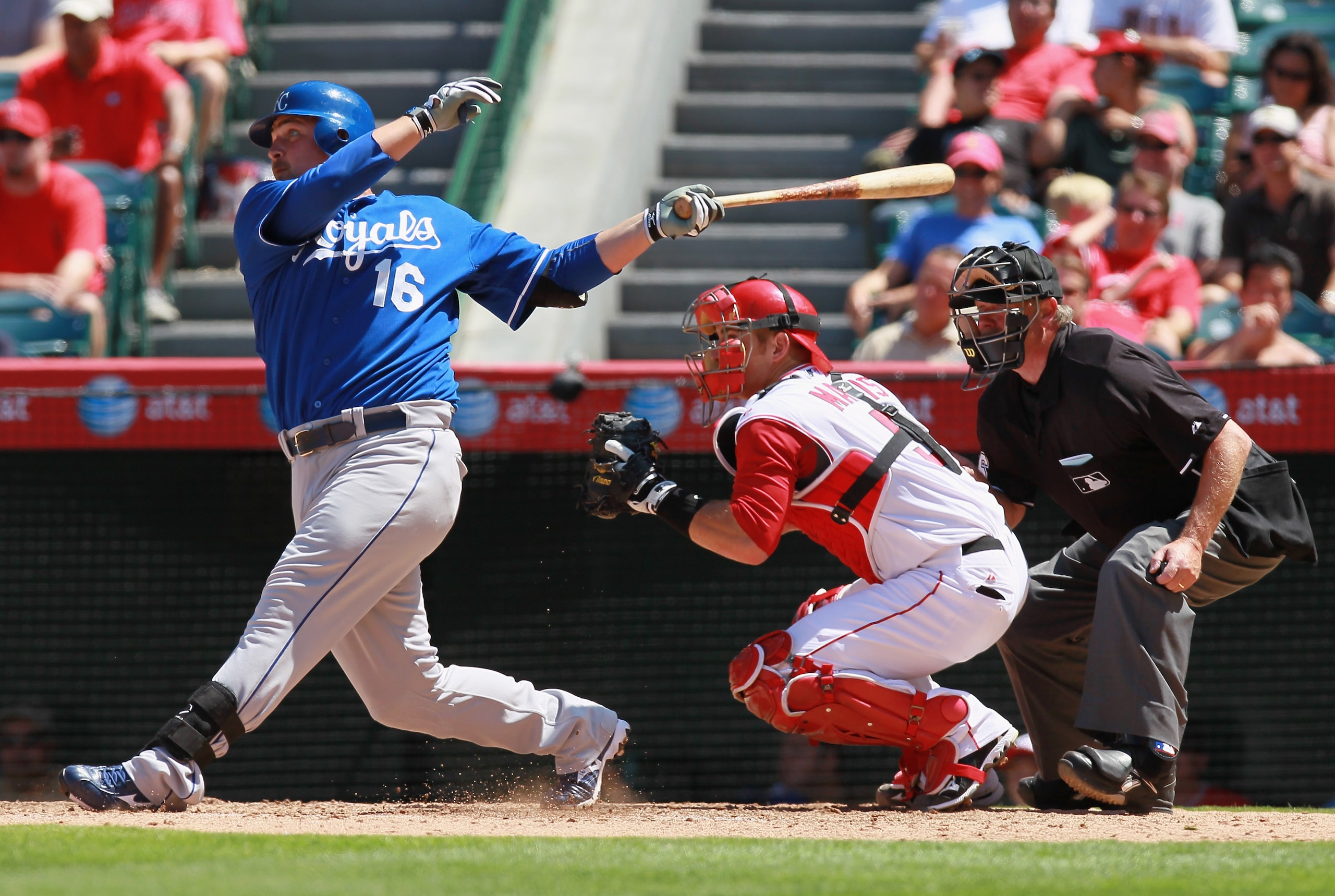 ANAHEIM, CA - AUGUST 11:  Billy Butler #16 of the Kansas City Royals hits a base hit against the Los Angeles Angels of Anaheim in the eighth inning at Angel Stadium on August 11, 2010 in Anaheim, California. The Angels defeated the Royals 2-1 in ten innin