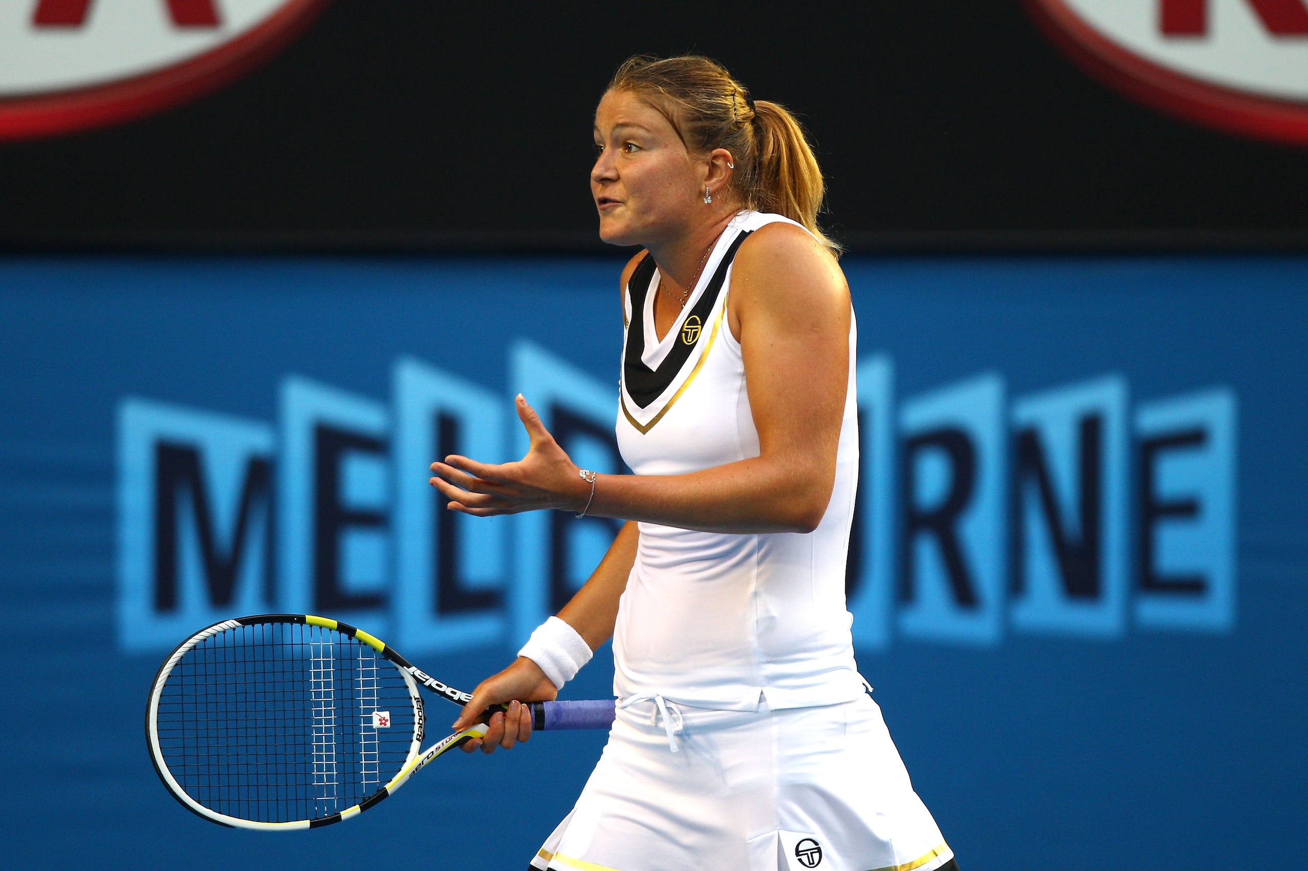 MELBOURNE, AUSTRALIA - JANUARY 18:  Dinara Safina of Russia reacts in her first round match against Kim Clijsters of Belgium during day two of the 2011 Australian Open at Melbourne Park on January 18, 2011 in Melbourne, Australia.  (Photo by Ryan Pierse/G