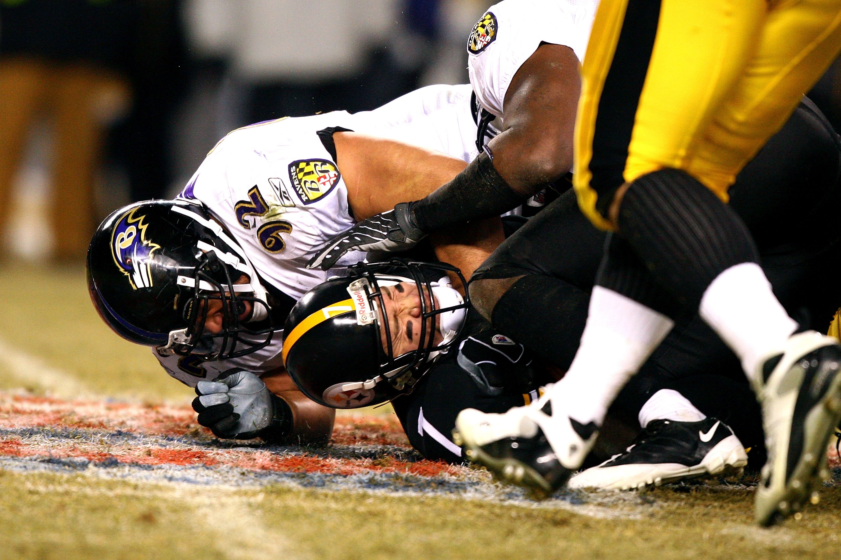 PITTSBURGH - JANUARY 18:  Ben Roethlisberger #7 of the Pittsburgh Steelers is sacked by Haloti Ngata #92 of the Baltimore Ravens during the AFC Championship game on January 18, 2009 at Heinz Field in Pittsburgh, Pennsylvania. Steelers won 23-14. (Photo by