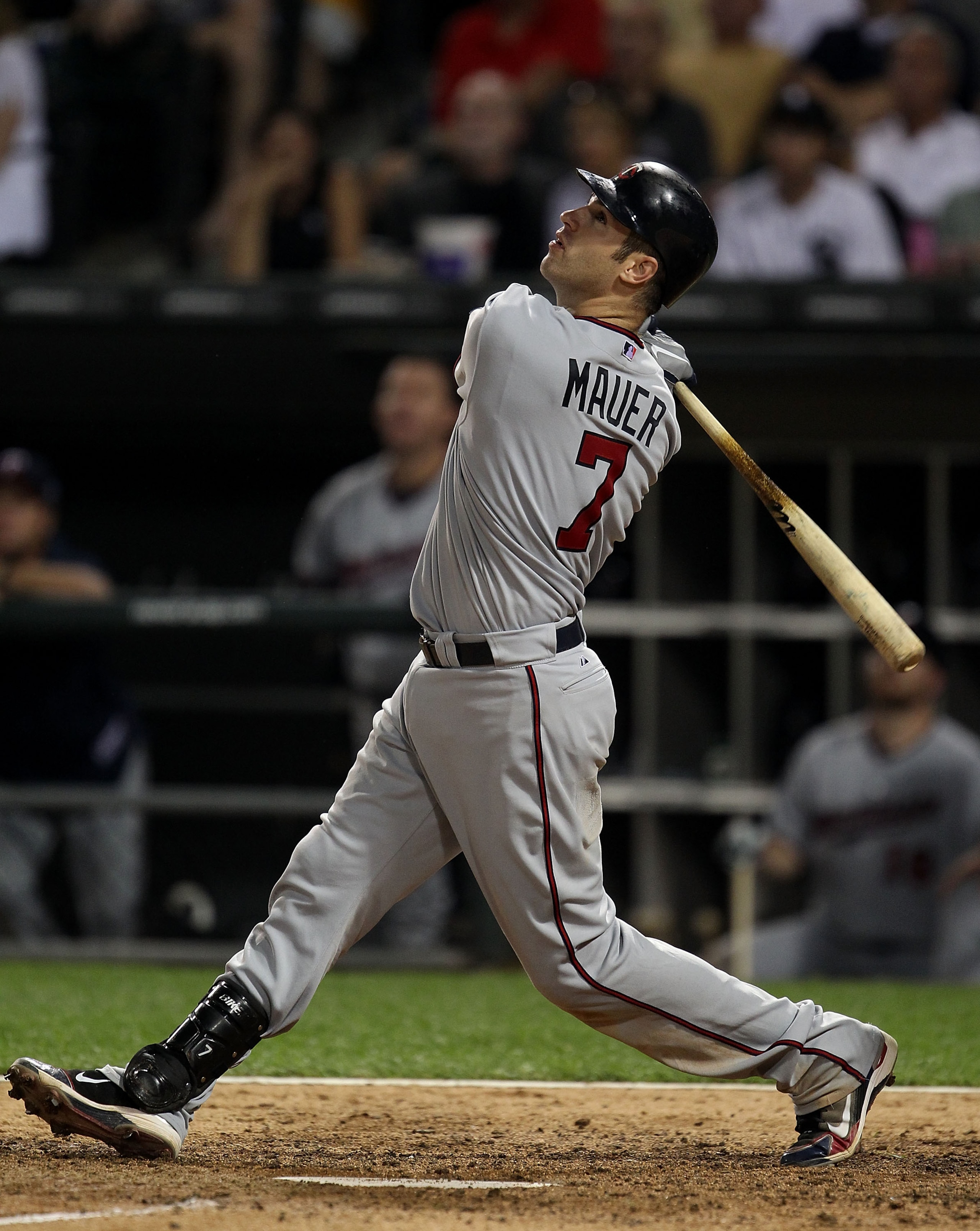 CHICAGO - AUGUST 10: Joe Mauer #7 of the Minnesota Twins takes a swing against the Chicago White Sox at U.S. Cellular Field on August 10, 2010 in Chicago, Illinois. The Twins defeated the White Sox 12-6. (Photo by Jonathan Daniel/Getty Images)