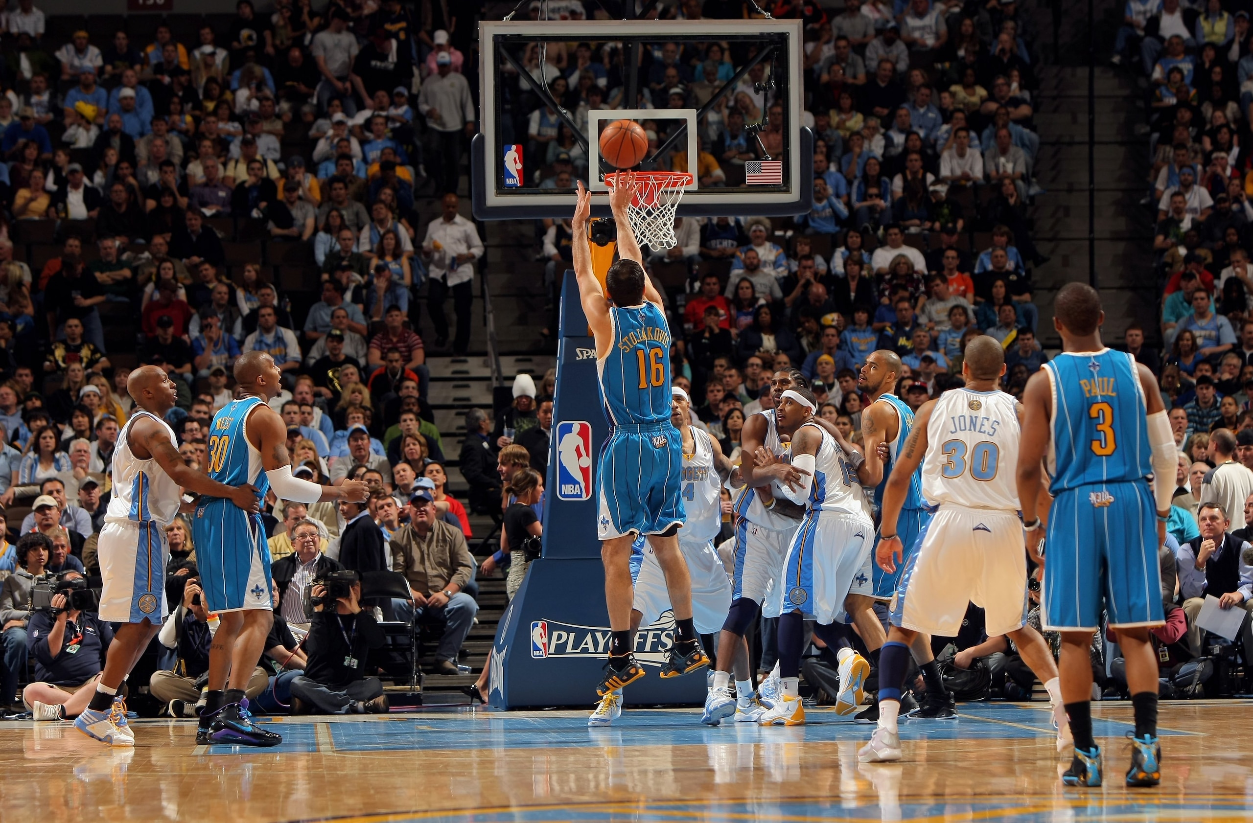 DENVER - APRIL 19:  Peja Stojakovic #16 of the New Orleans Hornets takes a shot against the Denver Nuggets in Game One of the Western Conference Quarterfinals during the 2009 NBA Playoffs at Pepsi Center on April 19, 2009 in Denver, Colorado. The Nuggets