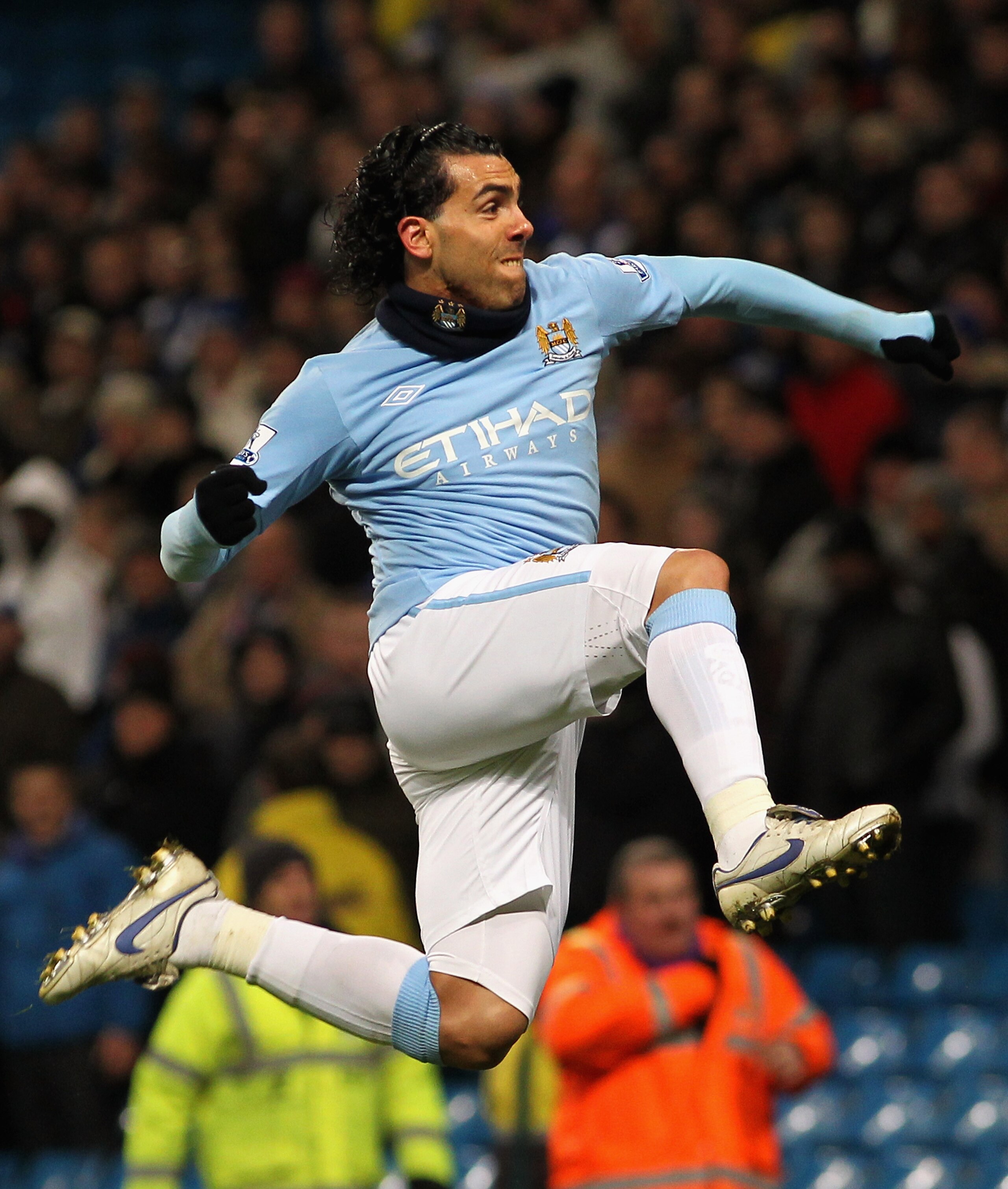 MANCHESTER, UNITED KINGDOM - JANUARY 11:  Carlos Tevez of Manchester City celebrates scoring the opening goal during the Barclays Premier League match between Manchester City and Blackburn Rovers at the City of Manchester Stadium on January 11, 2010 in Ma