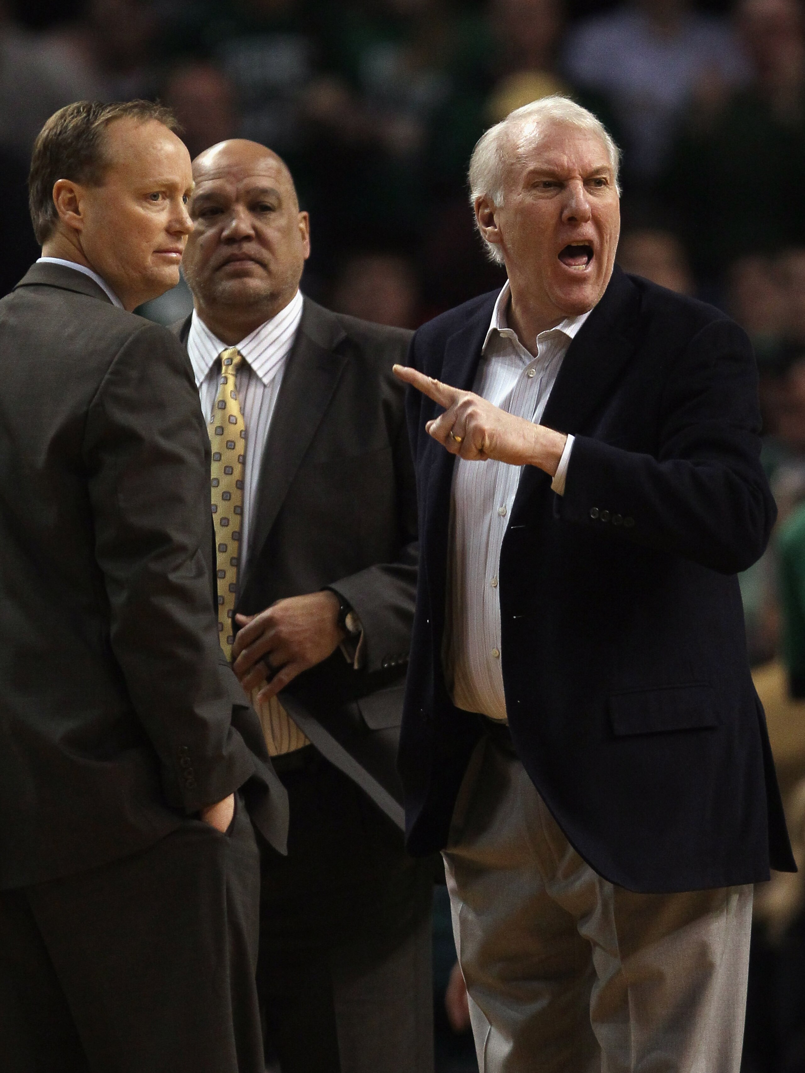 BOSTON, MA - JANUARY 05:  Head coach Gregg Popovich of the San Antonio Spurs reacts after he is called for a technical foul in the second half against the Boston Celtics on January 5, 2011 at the TD Garden in Boston, Massachusetts. The Celtics defeated th
