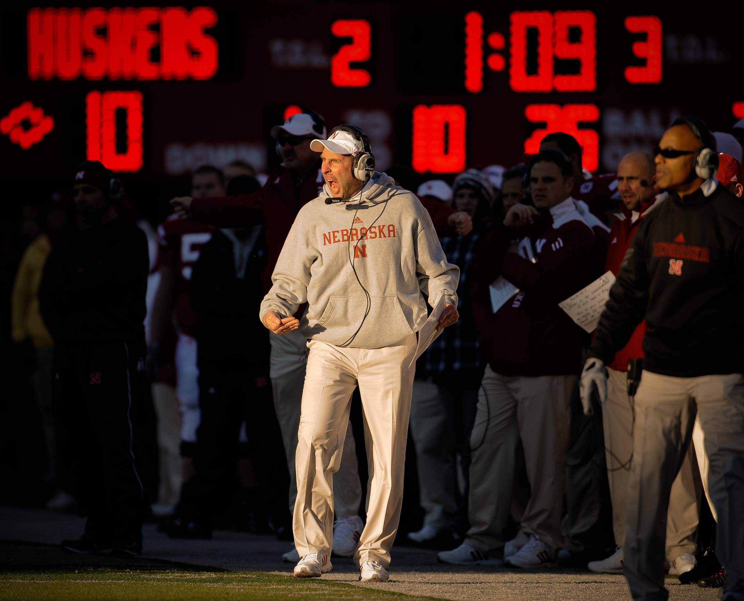 LINCOLN, NE - NOVEMBER 26: Coach Bo Pelini of the Nebraska Cornhuskers during their game against the Colorado Buffaloes at Memorial Stadium on November 26, 2010 in Lincoln, Nebraska. Nebraska defeated Colorado 45-17 (Photo by Eric Francis/Getty Images) LINCOLN, NE - NOVEMBER 26: Coach Bo Pelini of the Nebraska Cornhuskers during their game against the Colorado Buffaloes at Memorial Stadium on November 26, 2010 in Lincoln, Nebraska. Nebraska defeated Colorado 45-17 (Photo by Eric Francis/Getty Images)