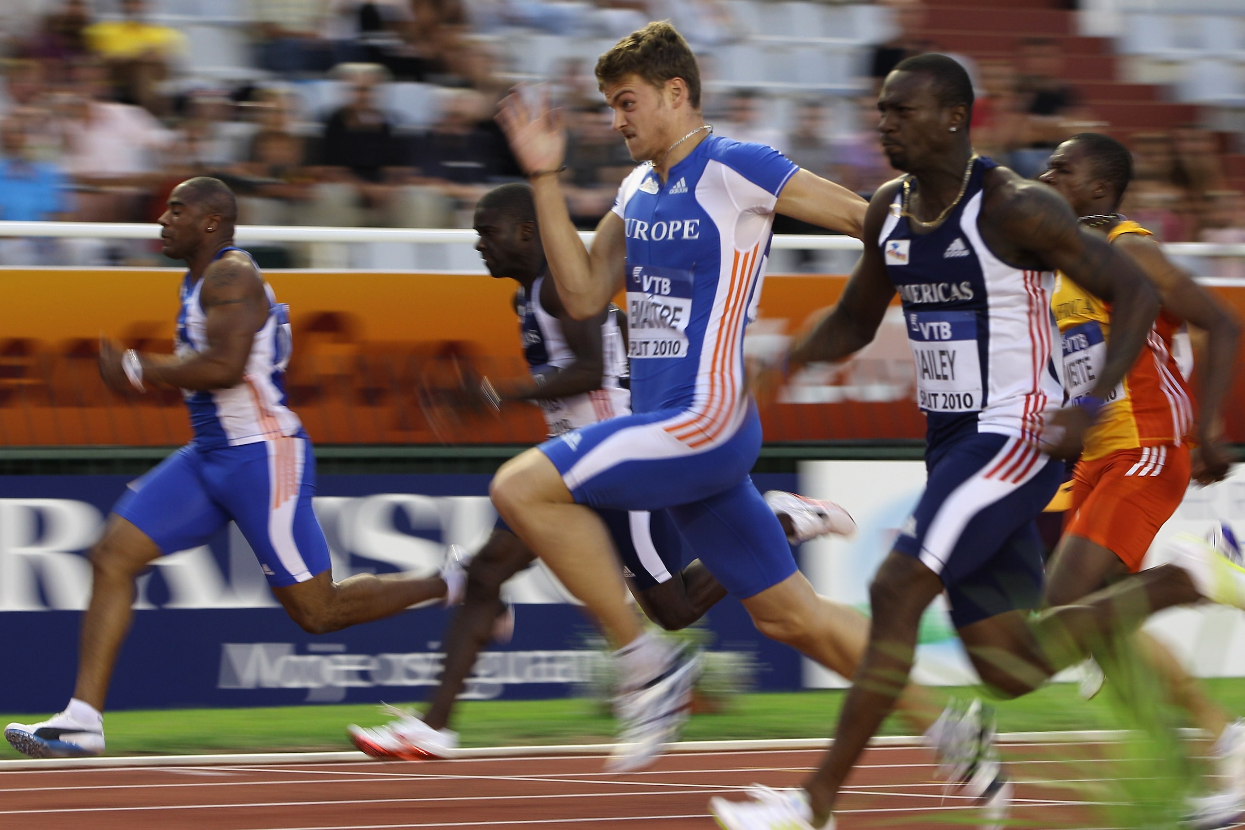 SPLIT, CROATIA - SEPTEMBER 04: Christophe Lemaitre (c) of France and Team Europe wins the men's 100m from Daniel Bailey (r) of Antigua and Team Americas during the IAAF/VTB Continental Cup at the Stadion Poljud on September 4, 2010 in Split, Croatia.  (Ph