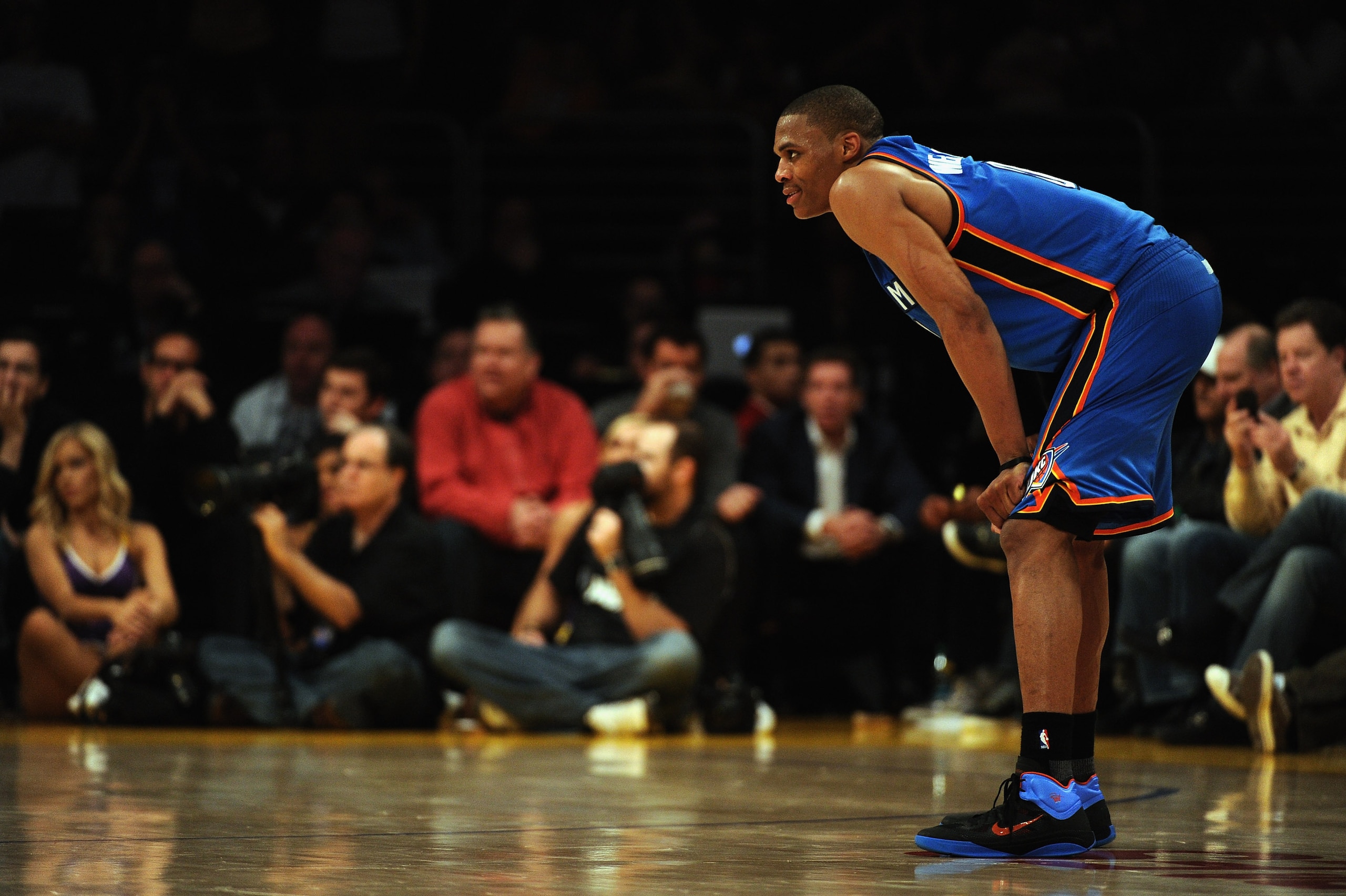 LOS ANGELES, CA - JANUARY 17:  Russell Westbrook #0 of the Oklahoma City Thunder waits for play during the game between the Los Angeles Lakers at the Staples Center on January 17, 2011 in Los Angeles, California.   NOTE TO USER: User expressly acknowledge