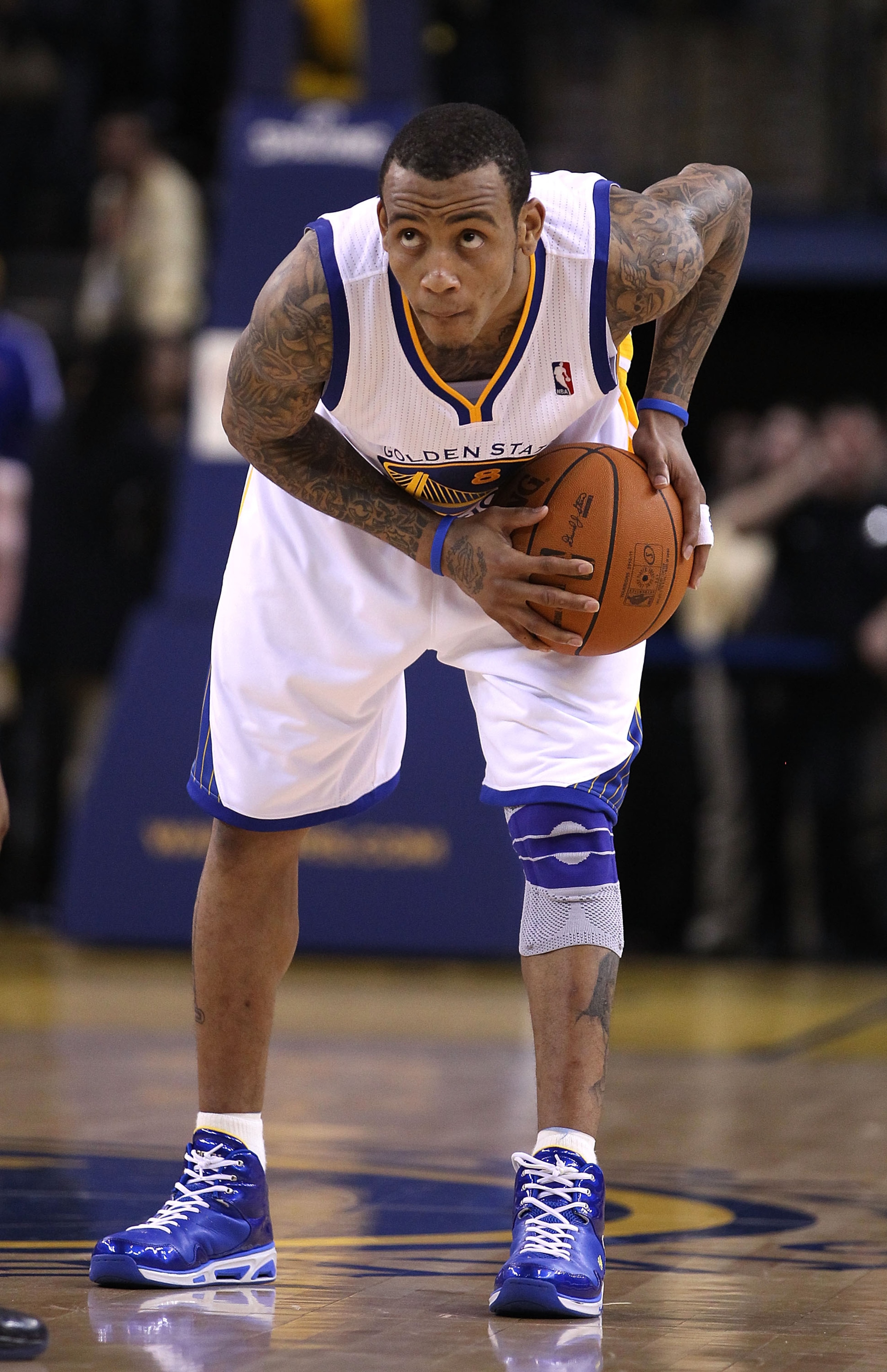 OAKLAND, CA - JANUARY 19:  Monta Ellis #8 of the Golden State Warriors in action against the Indiana Pacers at Oracle Arena on January 19, 2011 in Oakland, California.  NOTE TO USER: User expressly acknowledges and agrees that, by downloading and or using