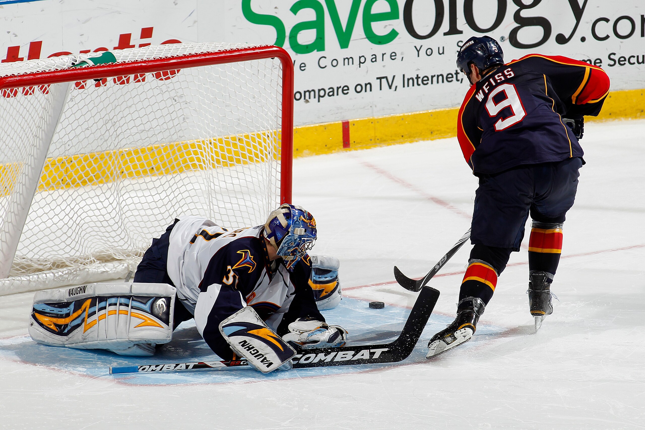 SUNRISE, FL - JANUARY 17: Goaltender Ondrej Pavelec #31 of the Atlanta Thrashers stops the shoot out shot by Stephen Weiss #9 of the Florida Panthers on January 17, 2011 at the BankAtlantic Center in Sunrise, Florida. The Thrashers defeated the Panthers 3