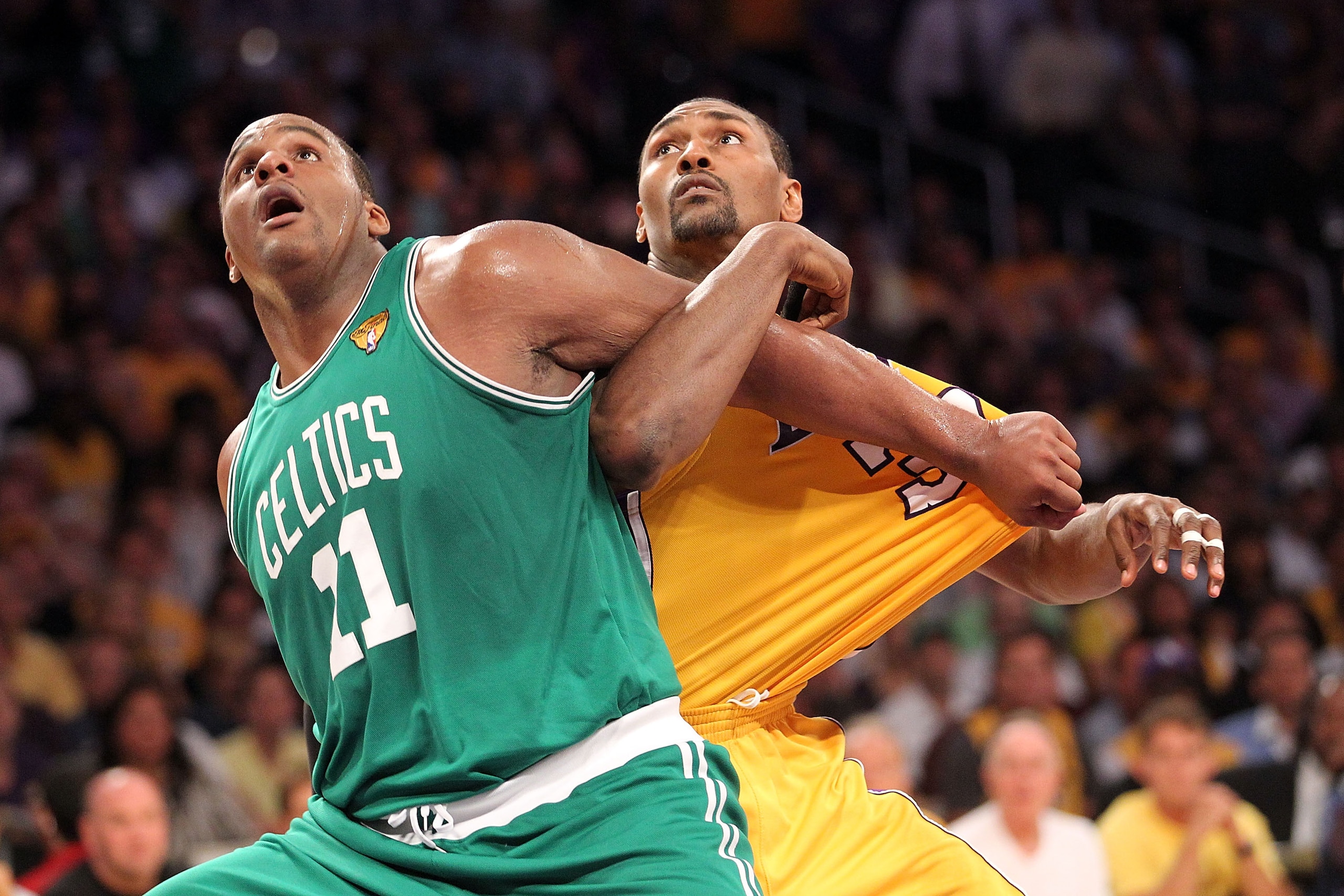 LOS ANGELES, CA - JUNE 17: Glen Davis #11 of the Boston Celtics and Ron Artest #37 of the Los Angeles Lakers battle for position on a free throw in the first half of Game Seven of the 2010 NBA Finals at Staples Center on June 17, 2010 in Los Angeles, Cal LOS ANGELES, CA - JUNE 17: Glen Davis #11 of the Boston Celtics and Ron Artest #37 of the Los Angeles Lakers battle for position on a free throw in the first half of Game Seven of the 2010 NBA Finals at Staples Center on June 17, 2010 in Los Angeles, Cal