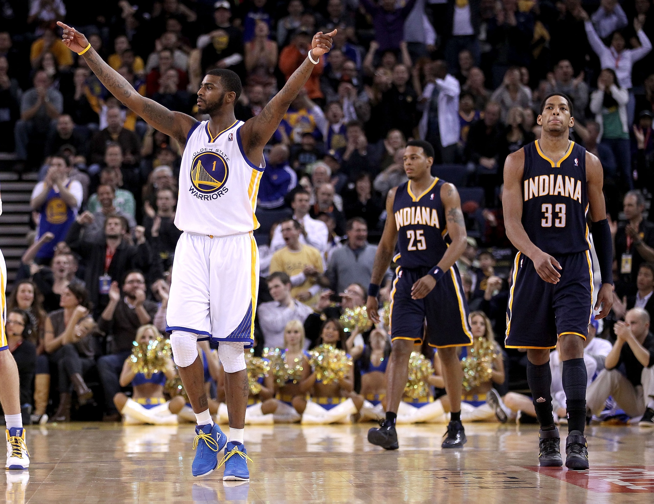 OAKLAND, CA - JANUARY 19: Dorell Wright #1 of the Golden State Warriors reacts after the Warriors made a basket in the final minute of their game against the Indiana Pacers at Oracle Arena on January 19, 2011 in Oakland, California. NOTE TO USER: User e OAKLAND, CA - JANUARY 19: Dorell Wright #1 of the Golden State Warriors reacts after the Warriors made a basket in the final minute of their game against the Indiana Pacers at Oracle Arena on January 19, 2011 in Oakland, California. NOTE TO USER: User e